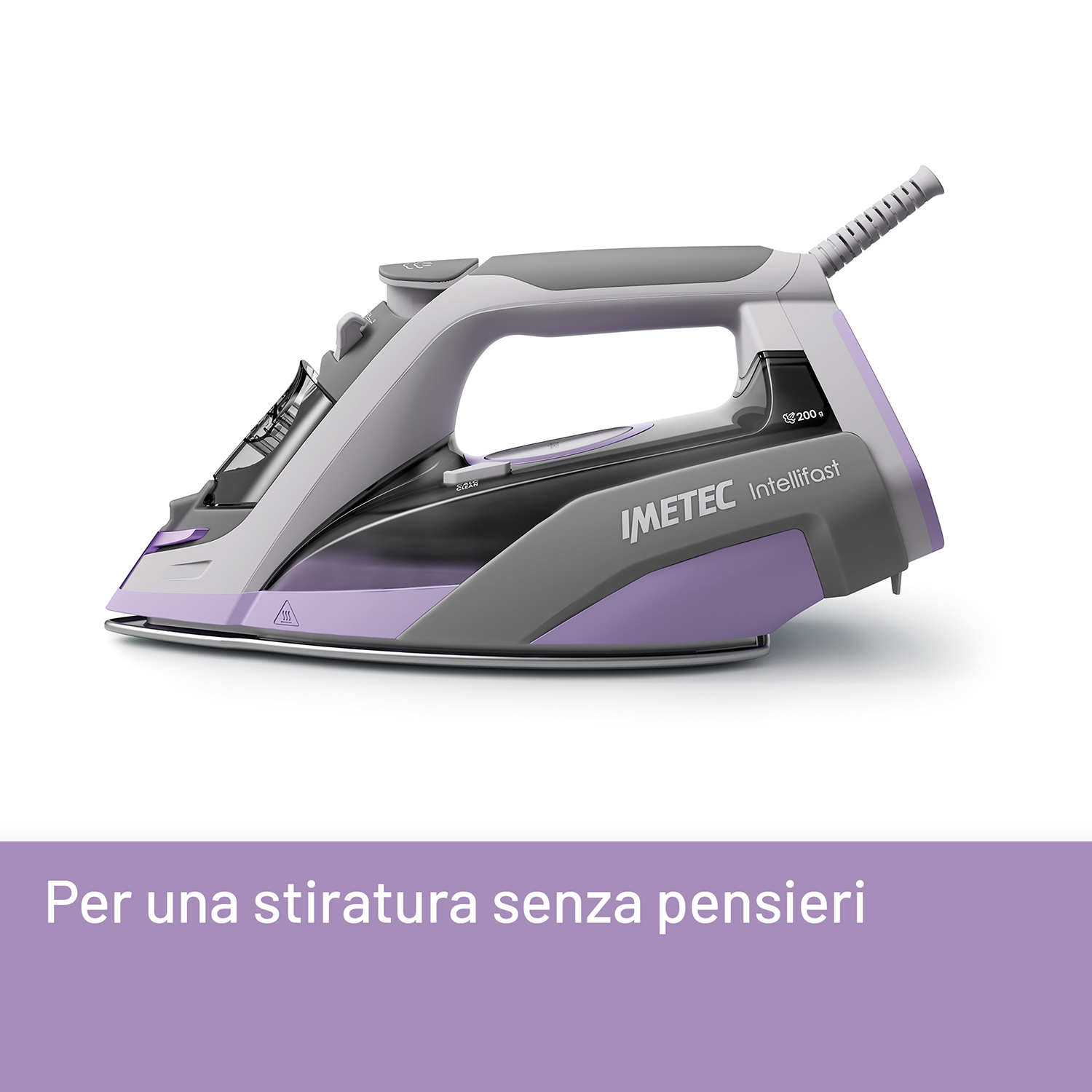 Ferro da stiro grigio e lavanda. Il marchio è IMETEC. Il testo dice: Per una stiratura senza pensieri.