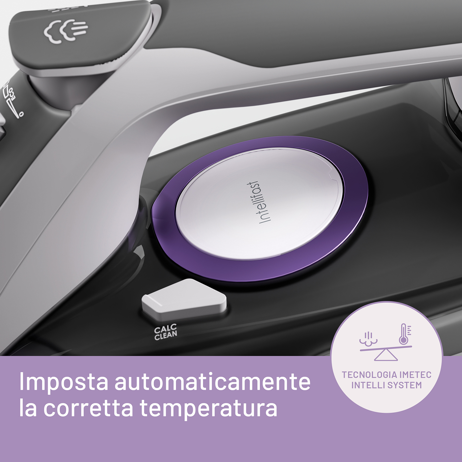 Primo piano di un ferro da stiro con dettaglio a cerchio viola e pulsante bianco.