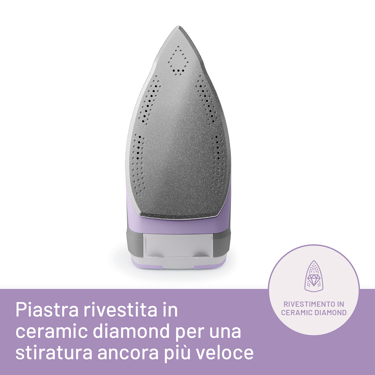 Un primo piano di un ferro da stiro con un design viola e grigio, che evidenzia la piastra in ceramica diamantata.