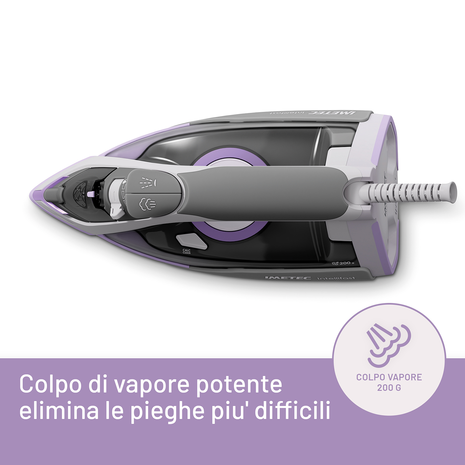 Vista dall'alto di un ferro da stiro grigio e viola con un'icona del vapore. Testo in italiano.