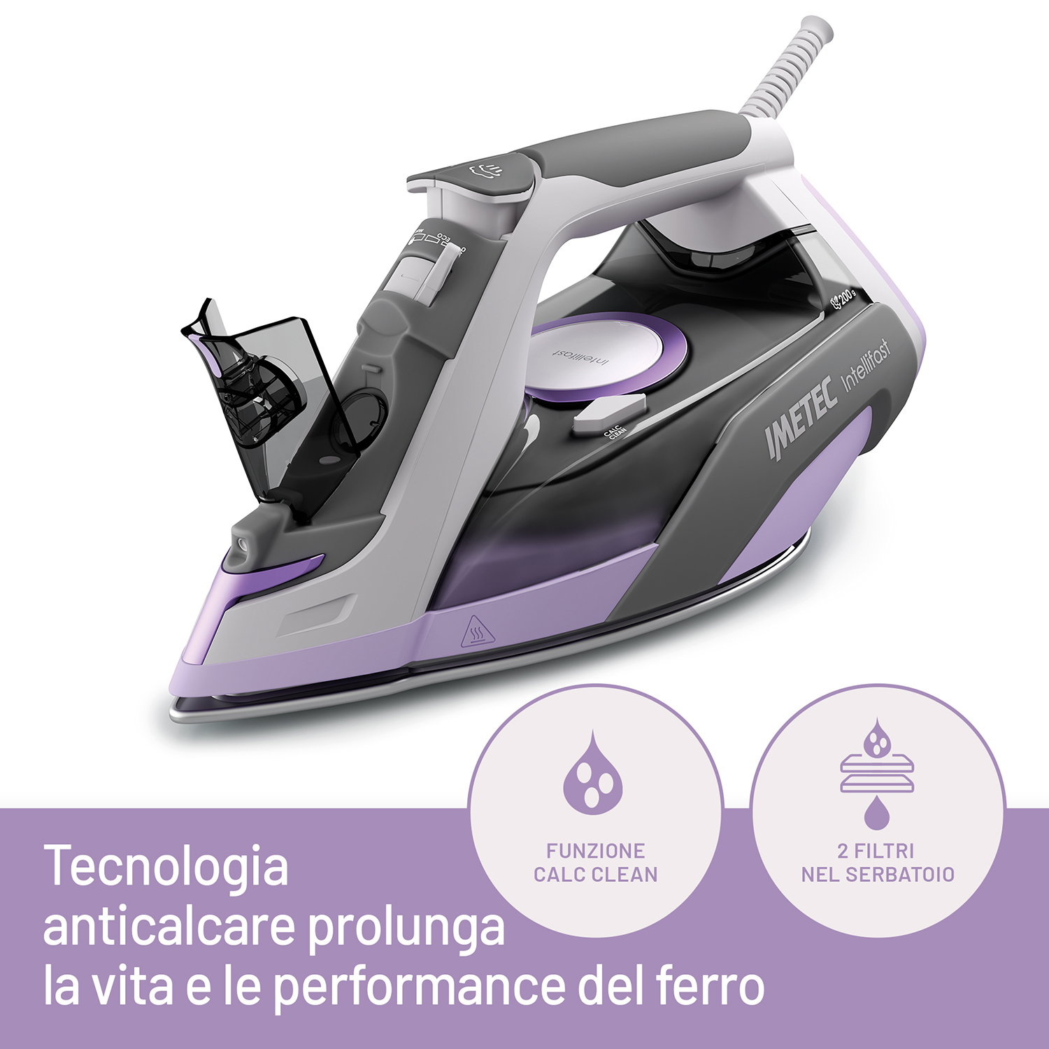 Un ferro da stiro bianco e grigio con dettagli viola; testo in italiano sulla tecnologia anticalcare.