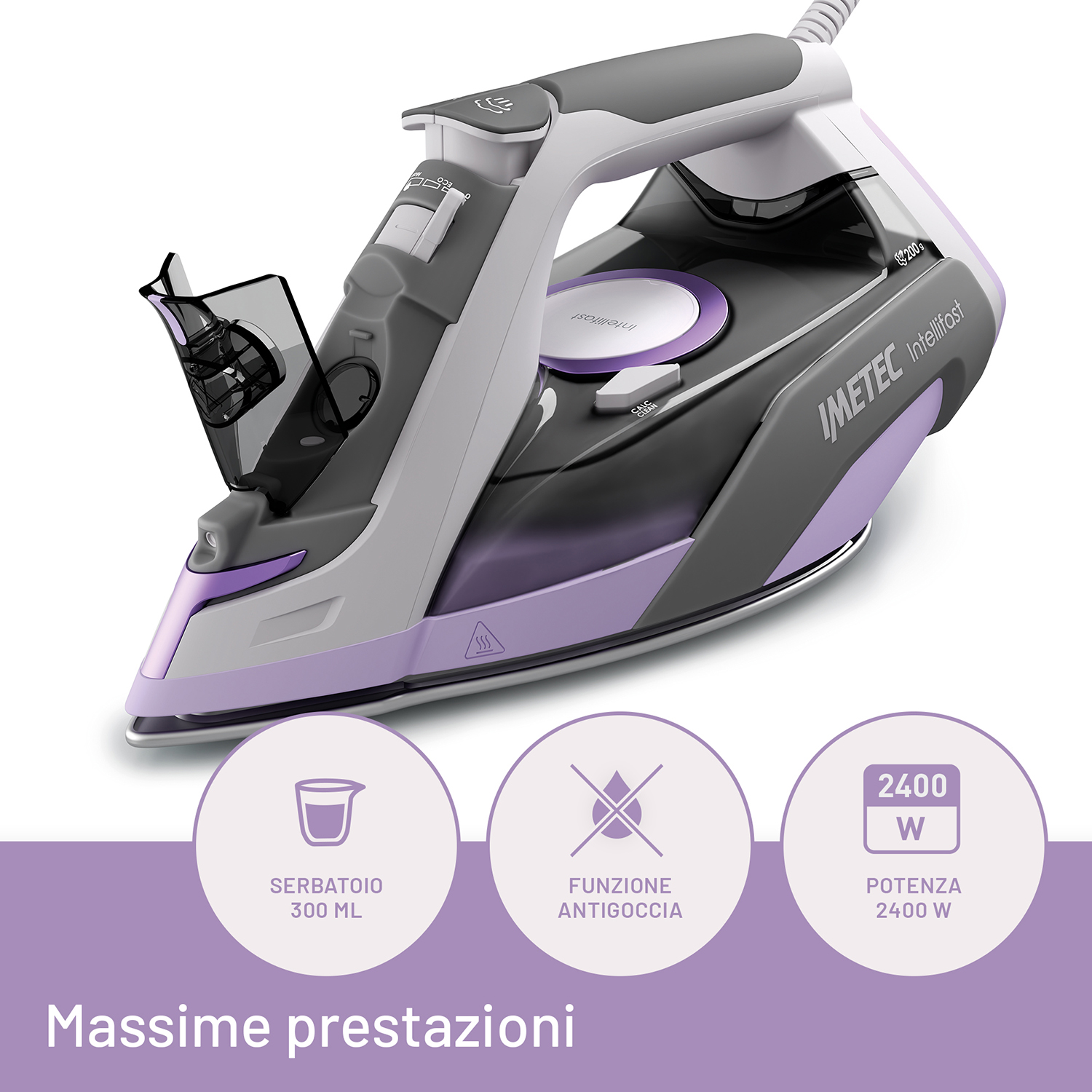 Ferro da stiro con serbatoio acqua, funzione antigoccia e 2400W di potenza, con testo italiano. Sfondo bianco.