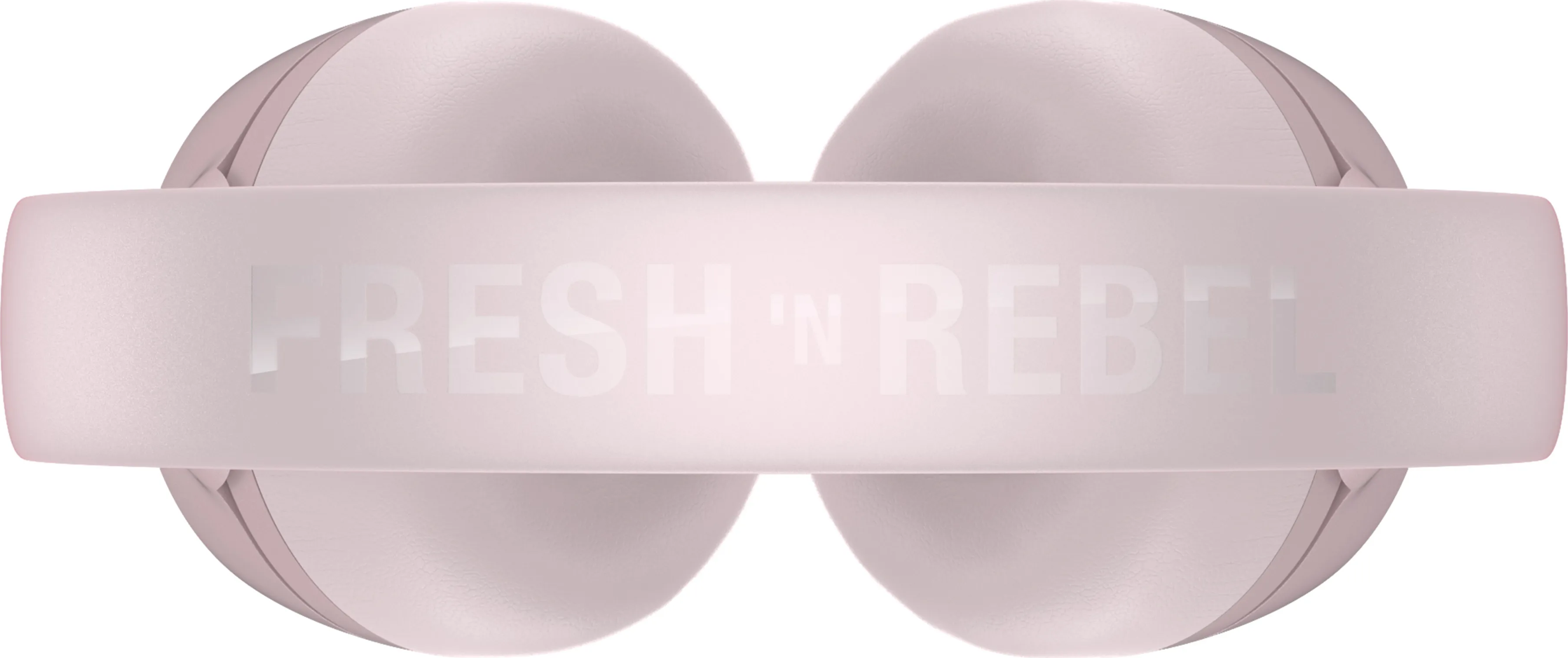 Due auricolari Fresh 'n Rebel rosa chiaro collegati da una fascia rosa chiaro con il nome del marchio.