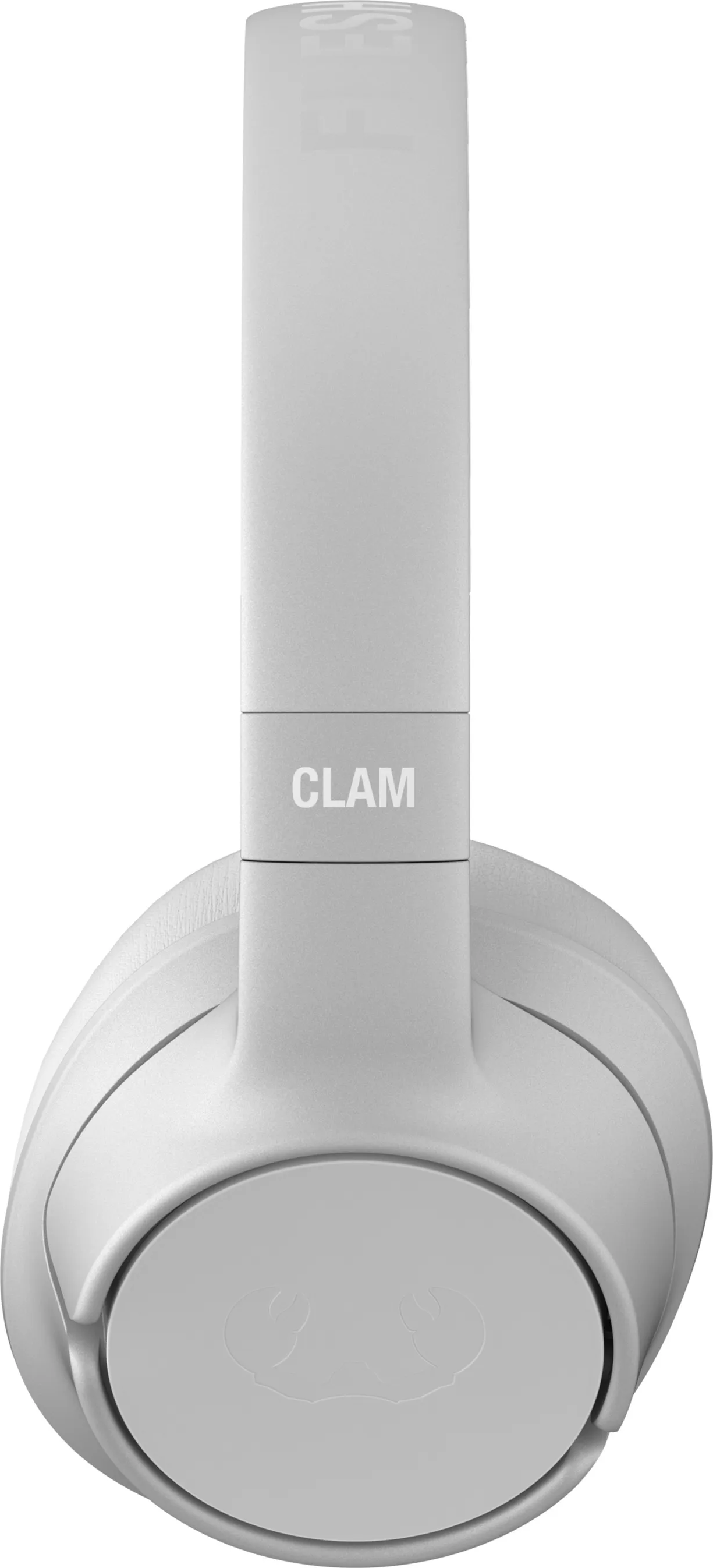 Casque blanc avec le mot CLAM sur le bandeau. Les écouteurs sont grands et circulaires.