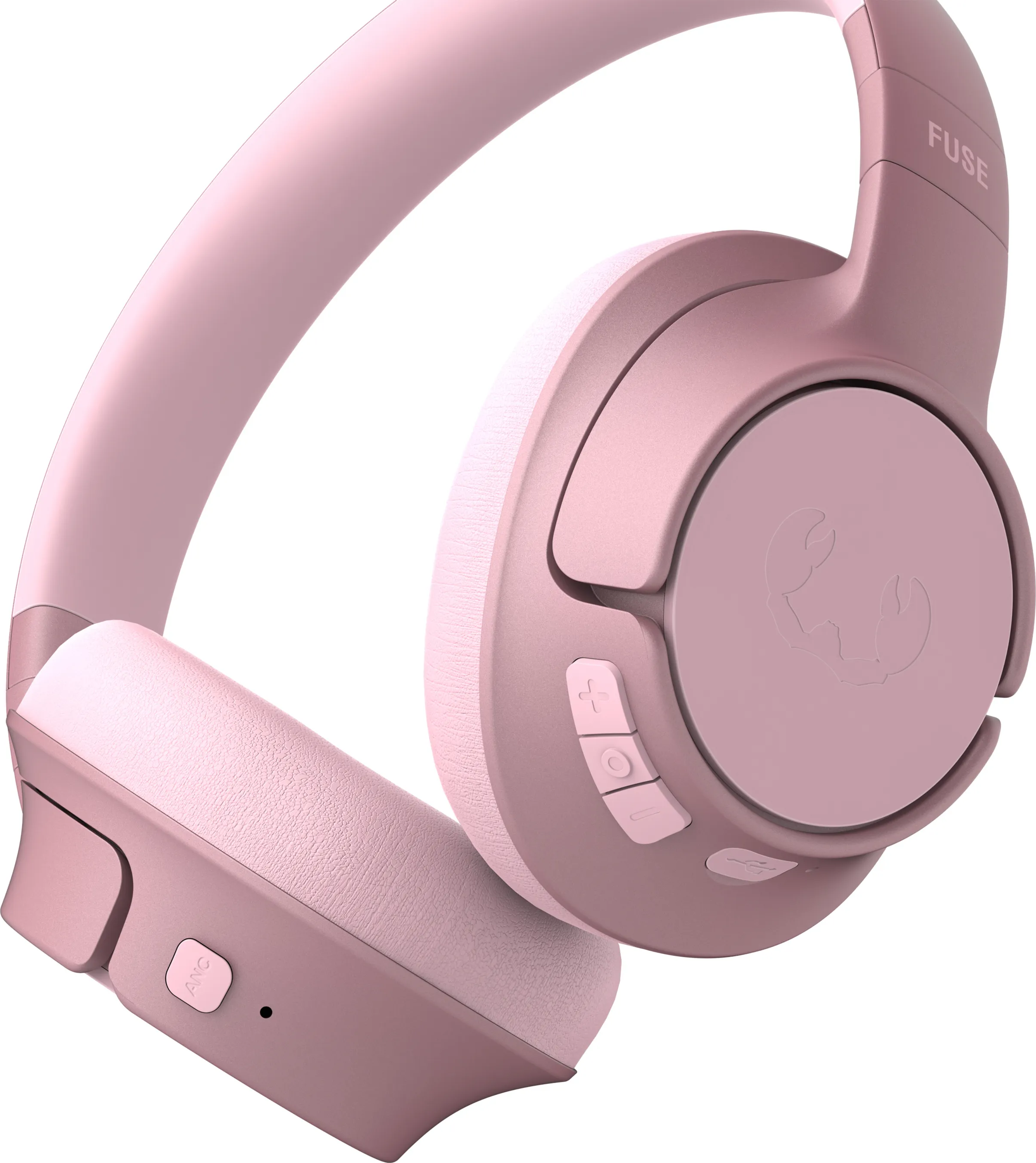 Casque rose avec boutons, vue latérale, sur fond blanc.