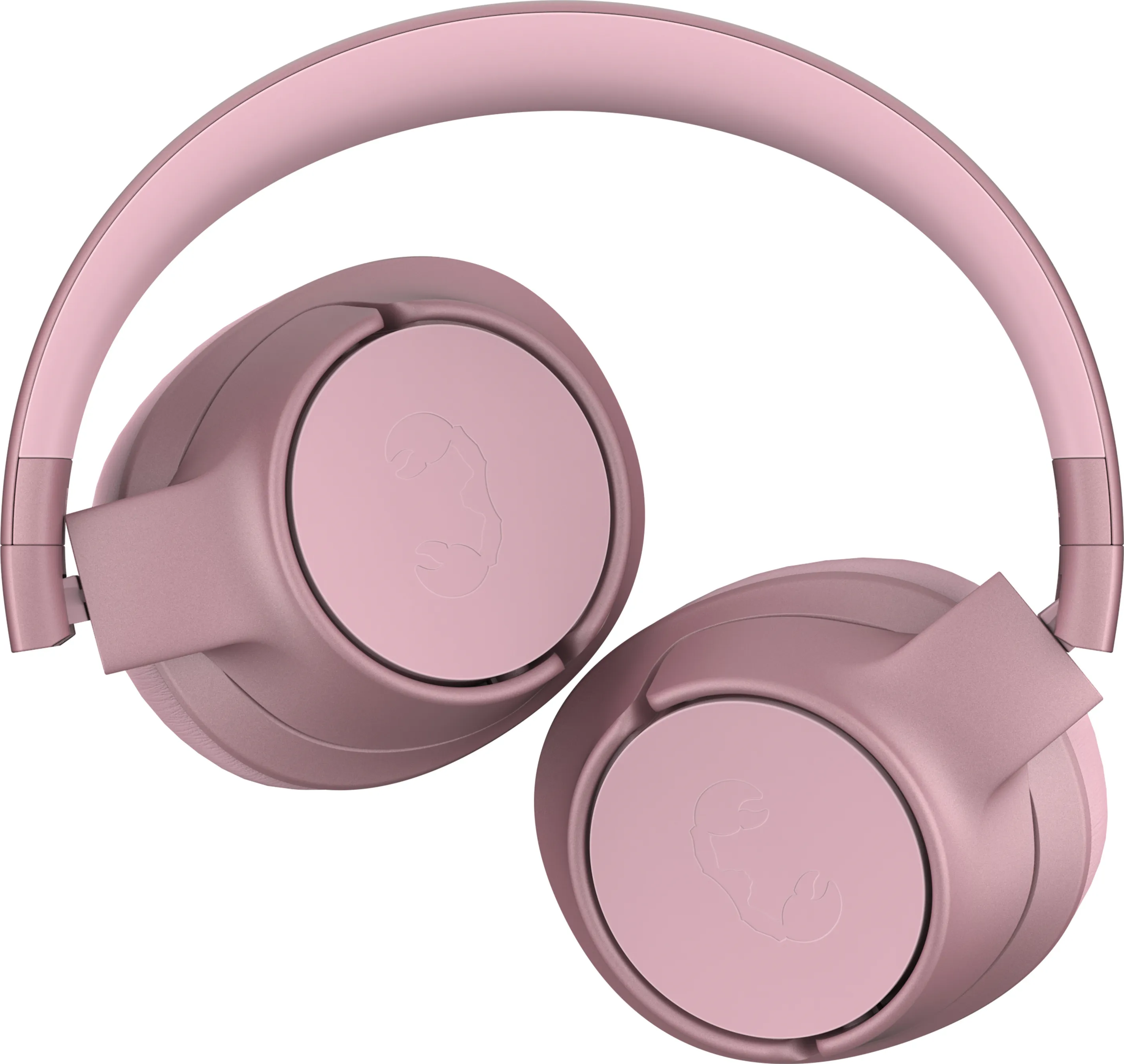 Casque rose circum-auriculaire. Écouteurs et bandeau roses. Fond blanc.