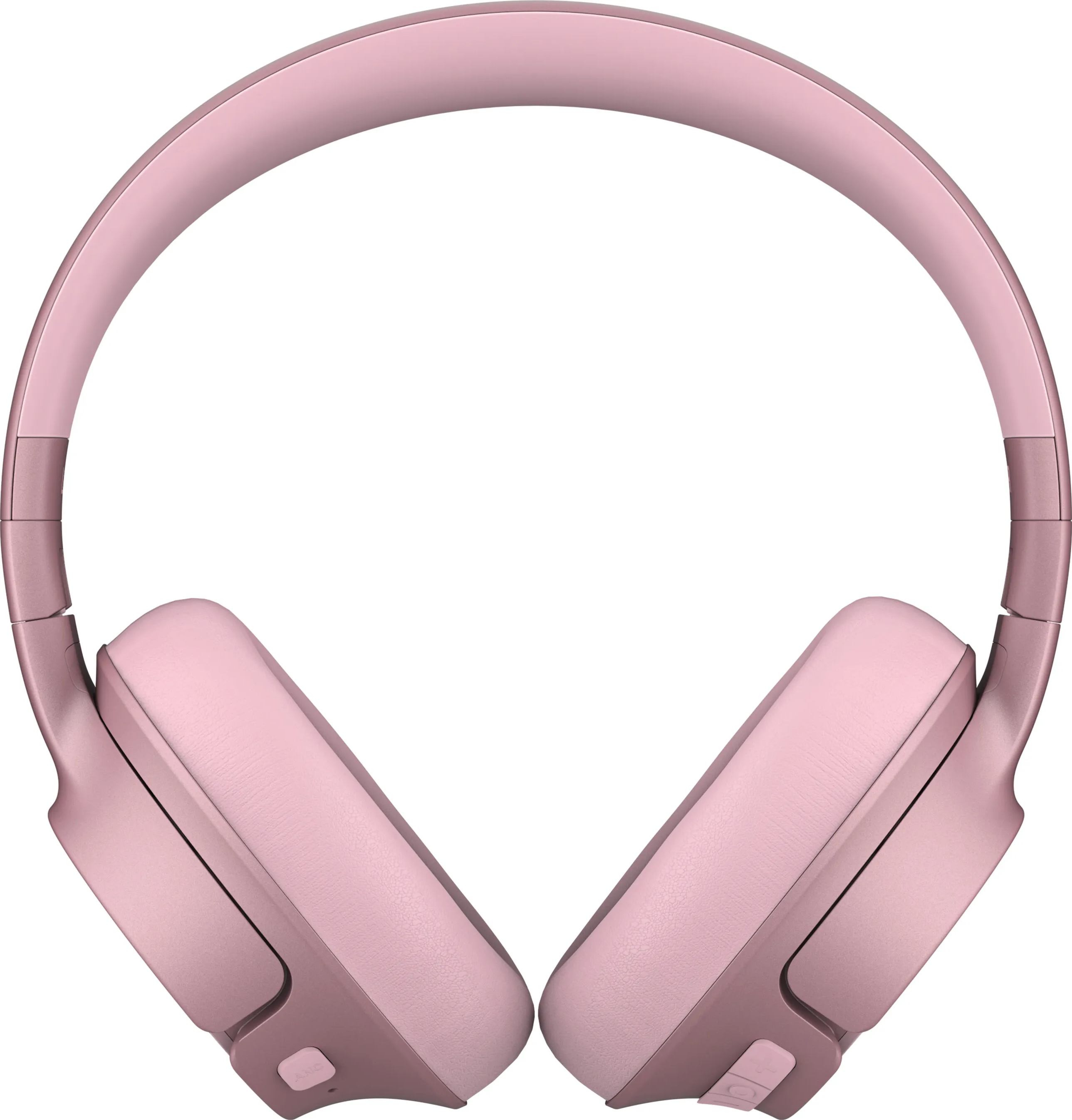 Casque rose, vue de dessus. Les écouteurs sont arrondis et ont des boutons.