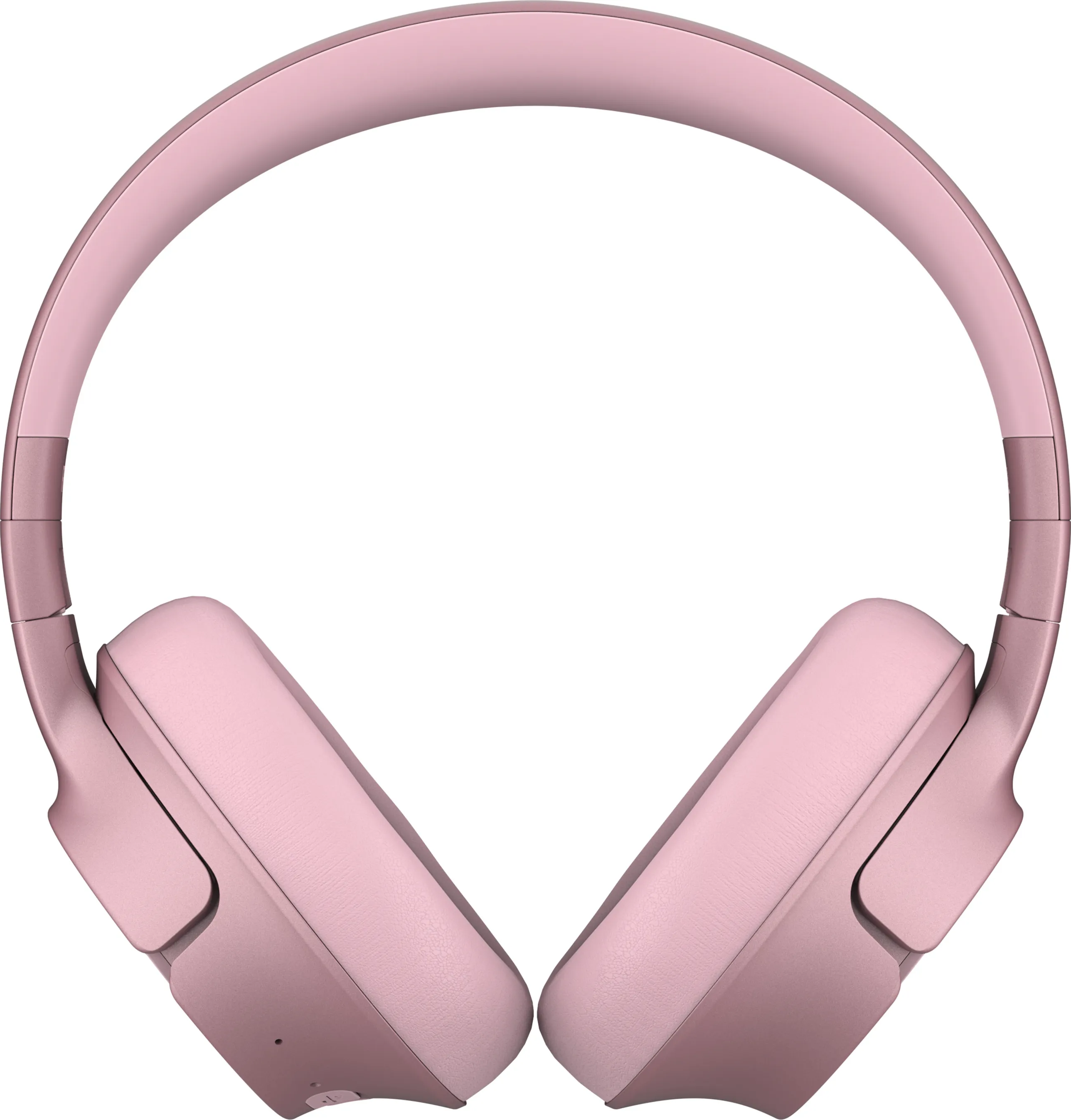 Casque rose, vue de dessus. L'arceau et les écouteurs sont visibles, dans une teinte rose clair.