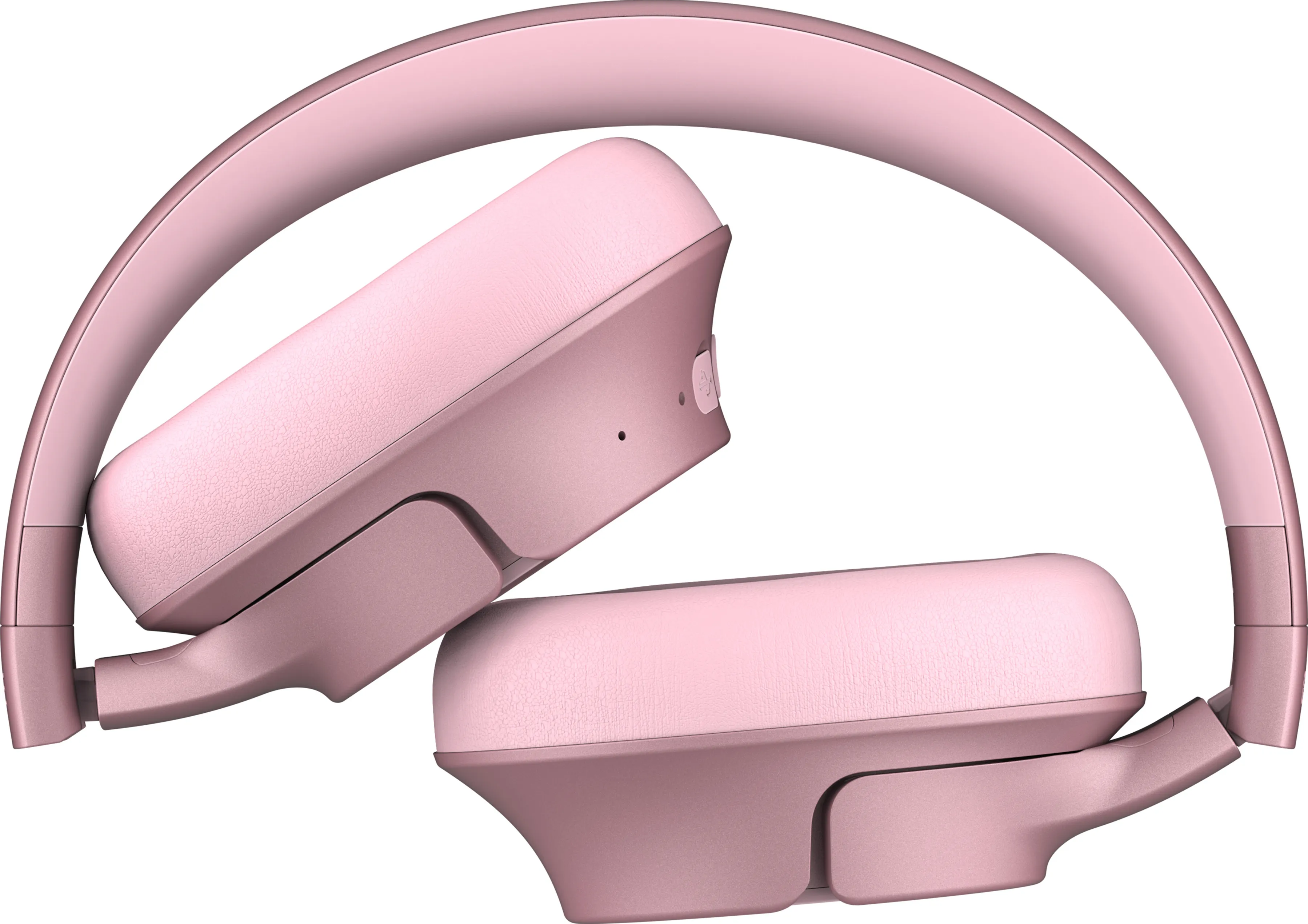 Casque sans fil rose plié, avec les oreillettes tournées vers l'intérieur et un bouton visible.