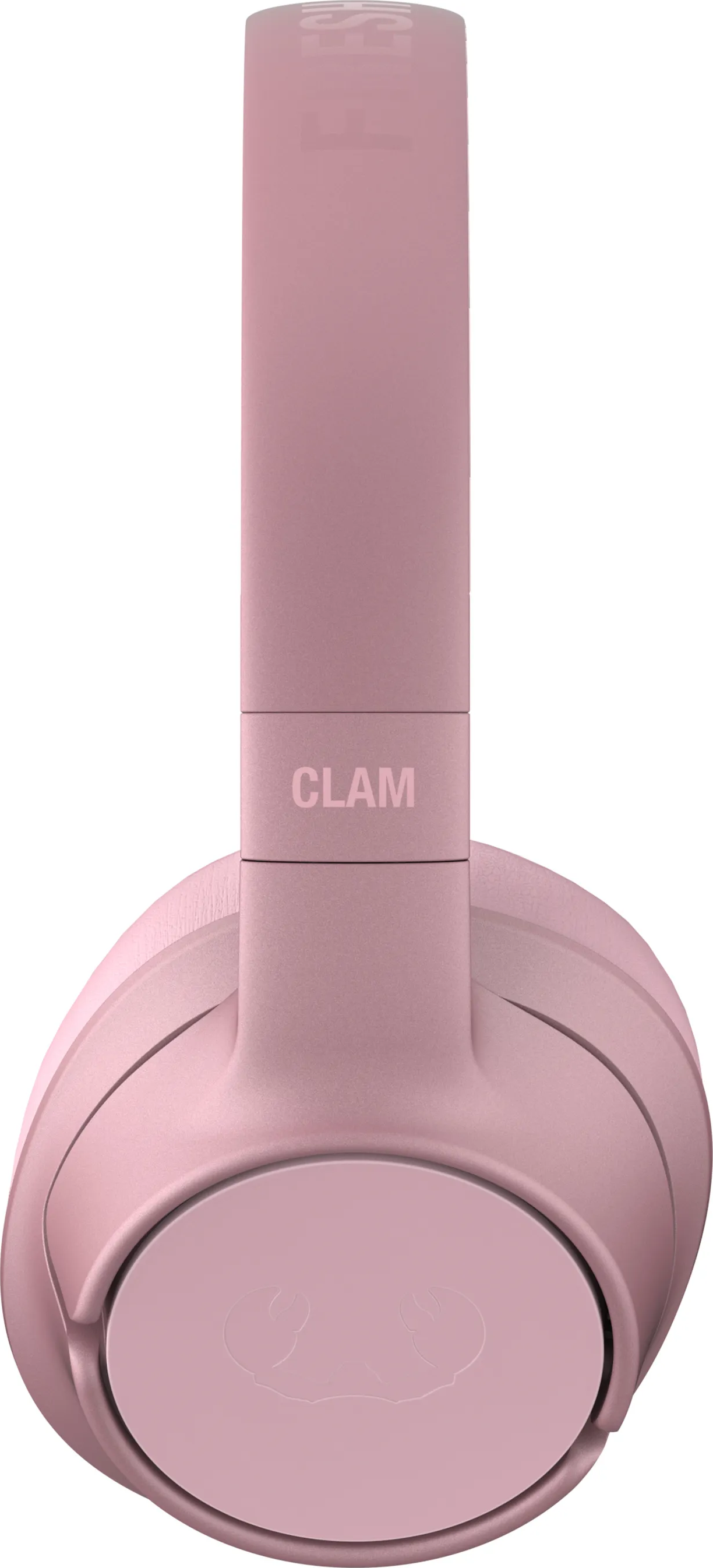Casque rose, vue de dessus. Le mot 'CLAM' est imprimé en haut. Fond blanc.