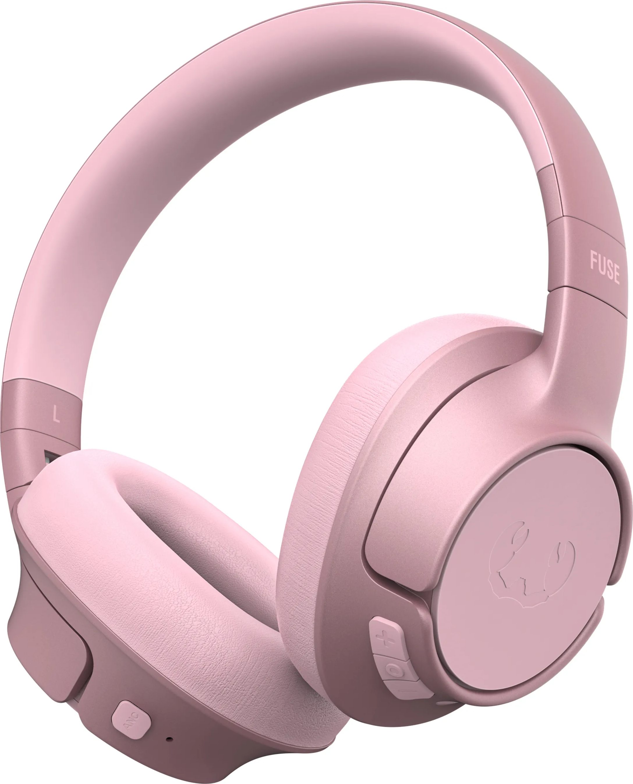 Casque rose sur une surface blanche. Logo Fuse sur l'écouteur. Boutons sur le côté.
