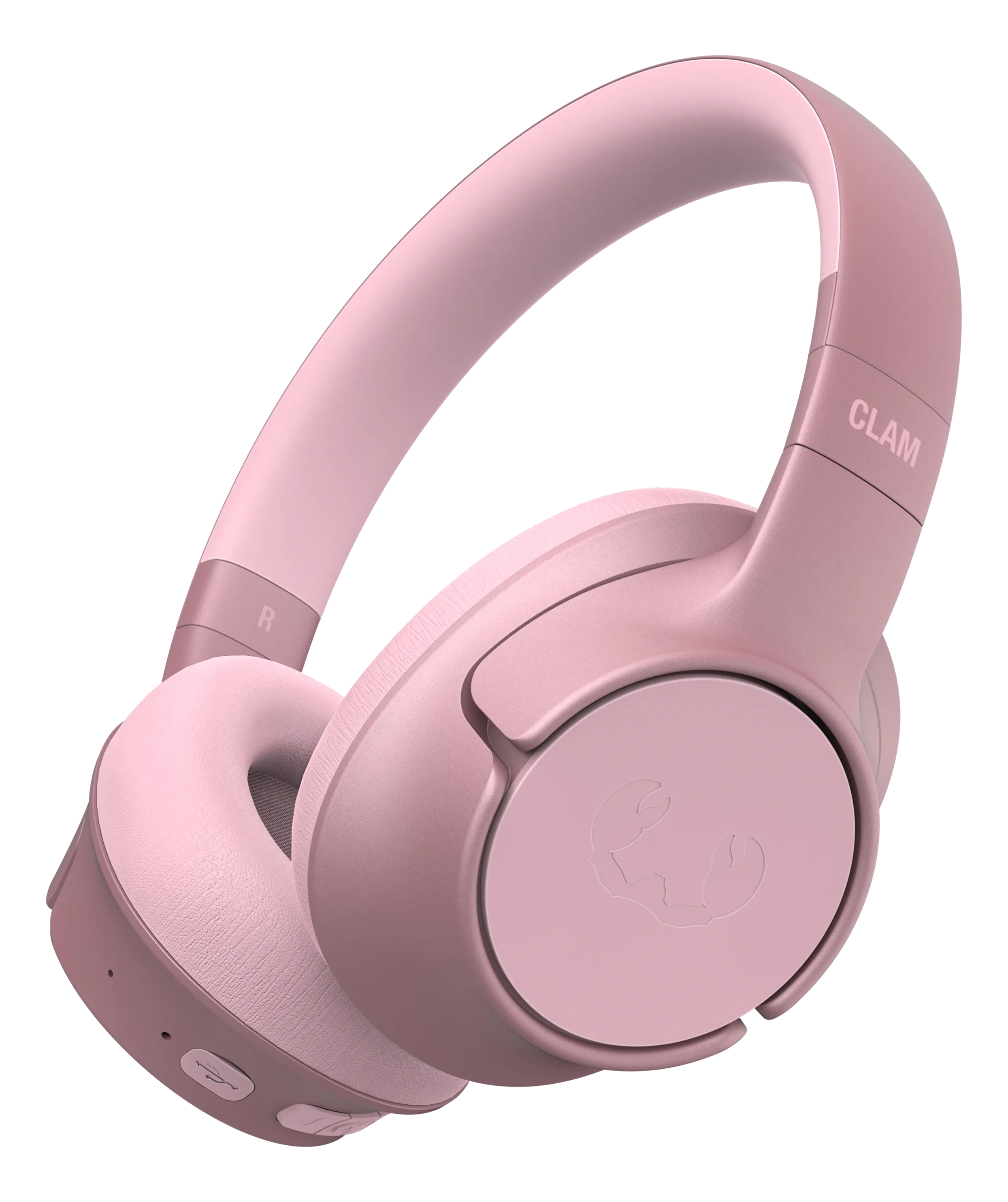 Casque rose avec un design en forme de coquillage sur fond noir. Design simple et épuré.