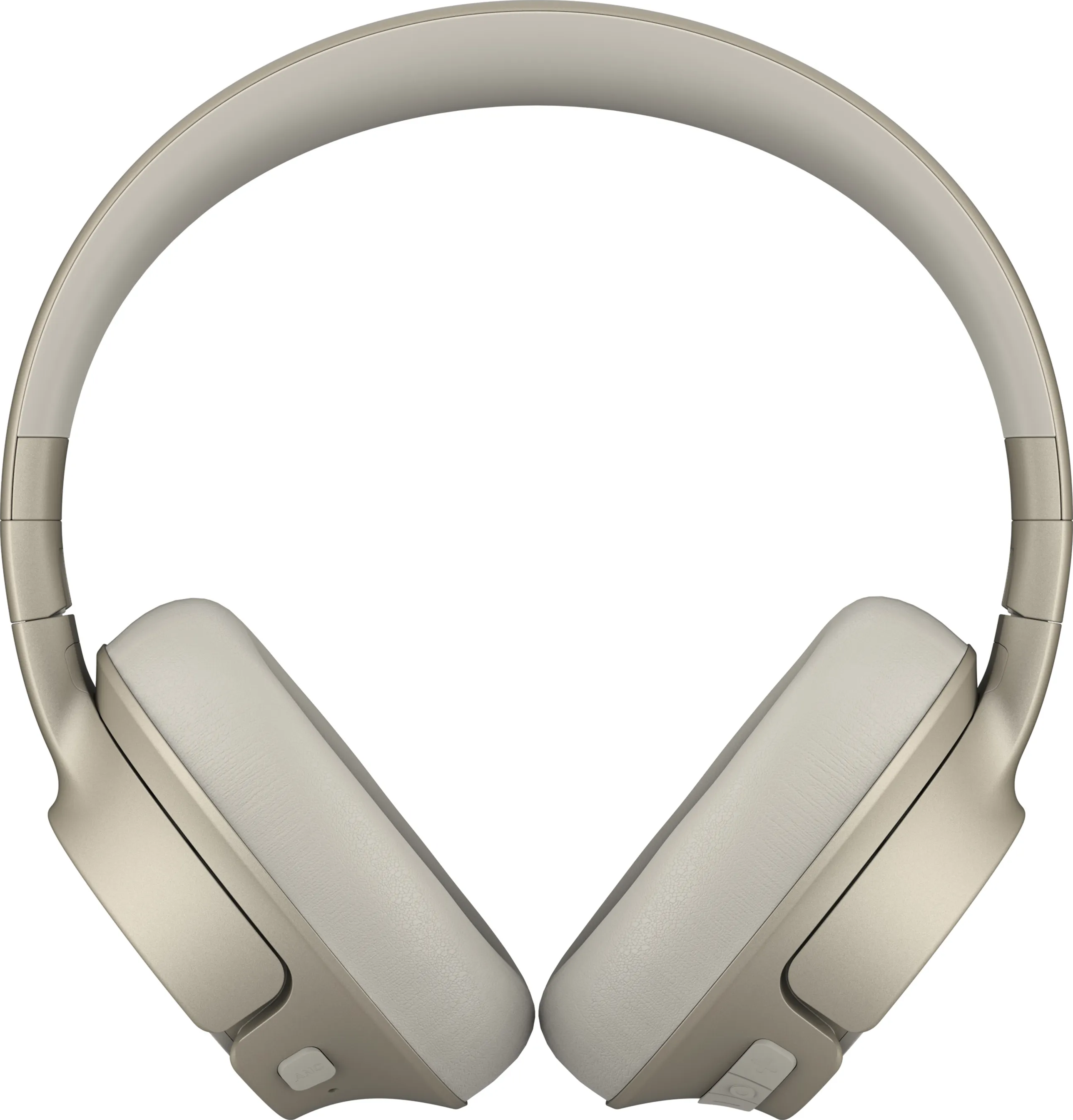 Casque beige avec bandeau blanc. Les oreillettes sont ovales. Le fond est blanc.