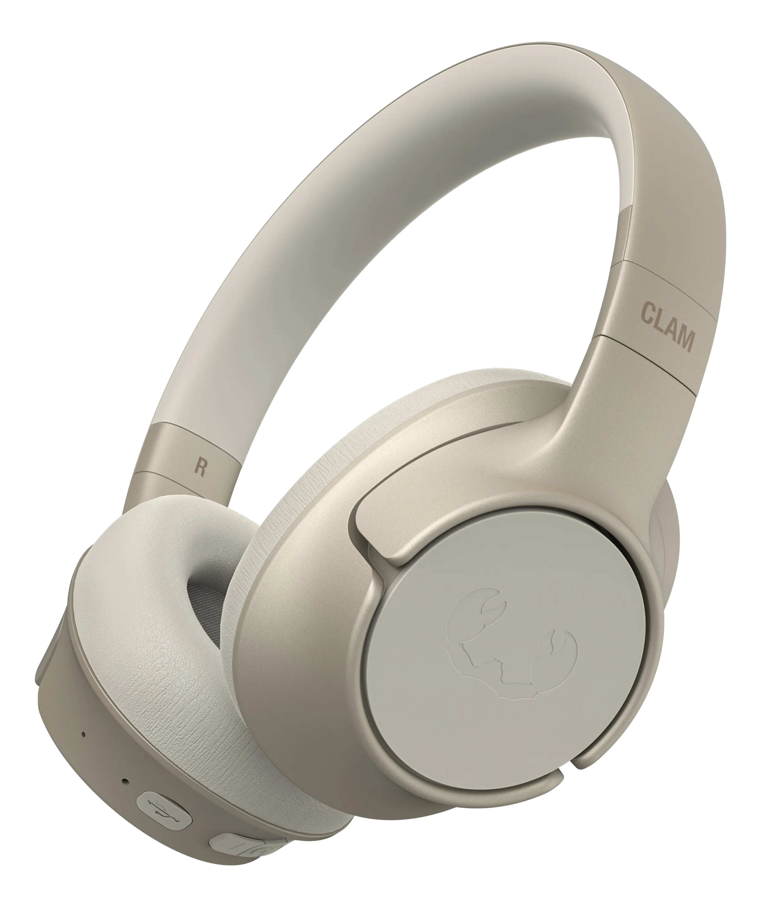 Casque beige. Marque Clam sur le côté. Fond noir. Coussinets d'oreille blancs. Design incurvé.