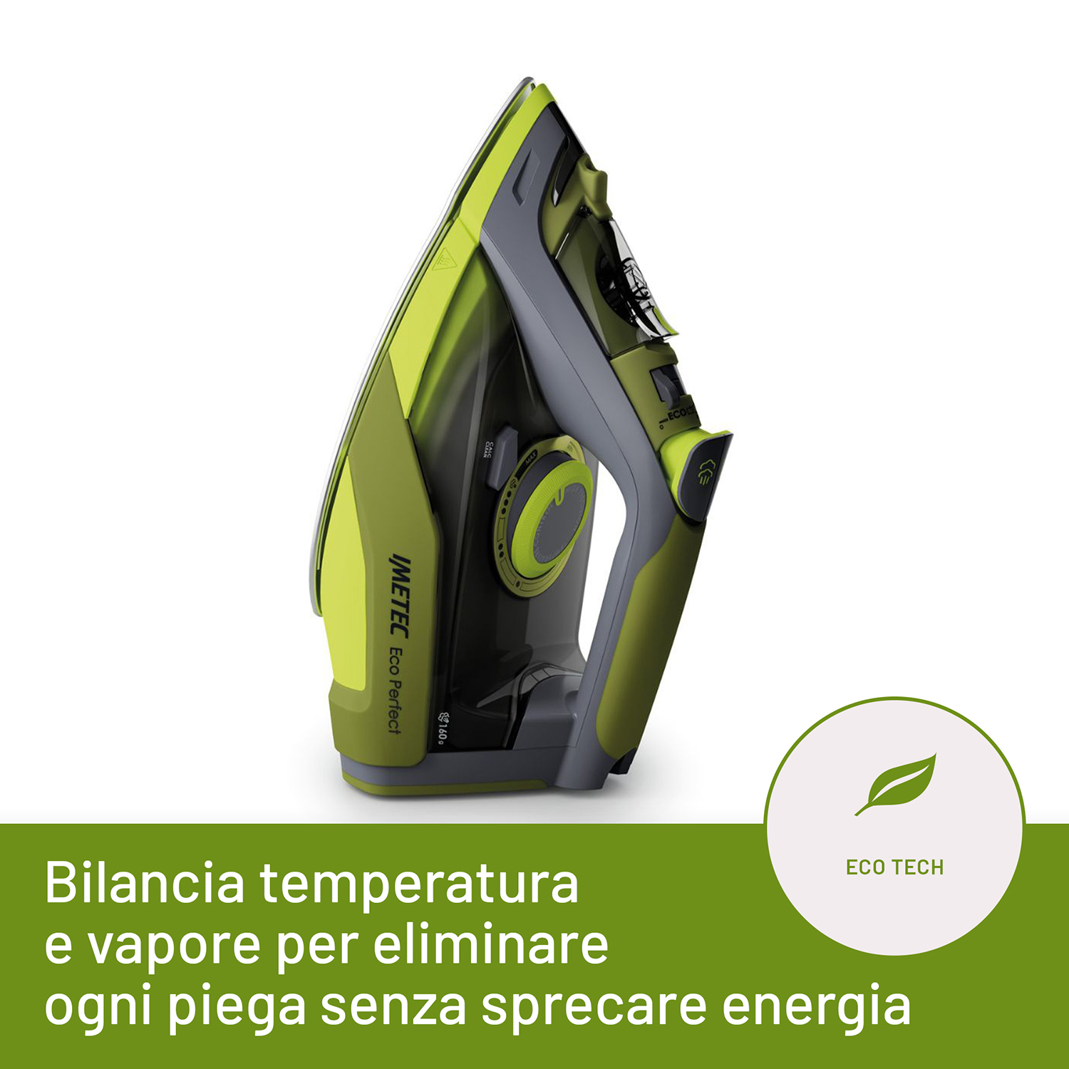 Ferro da stiro verde e grigio, angolato, con testo su temperatura ed energia.