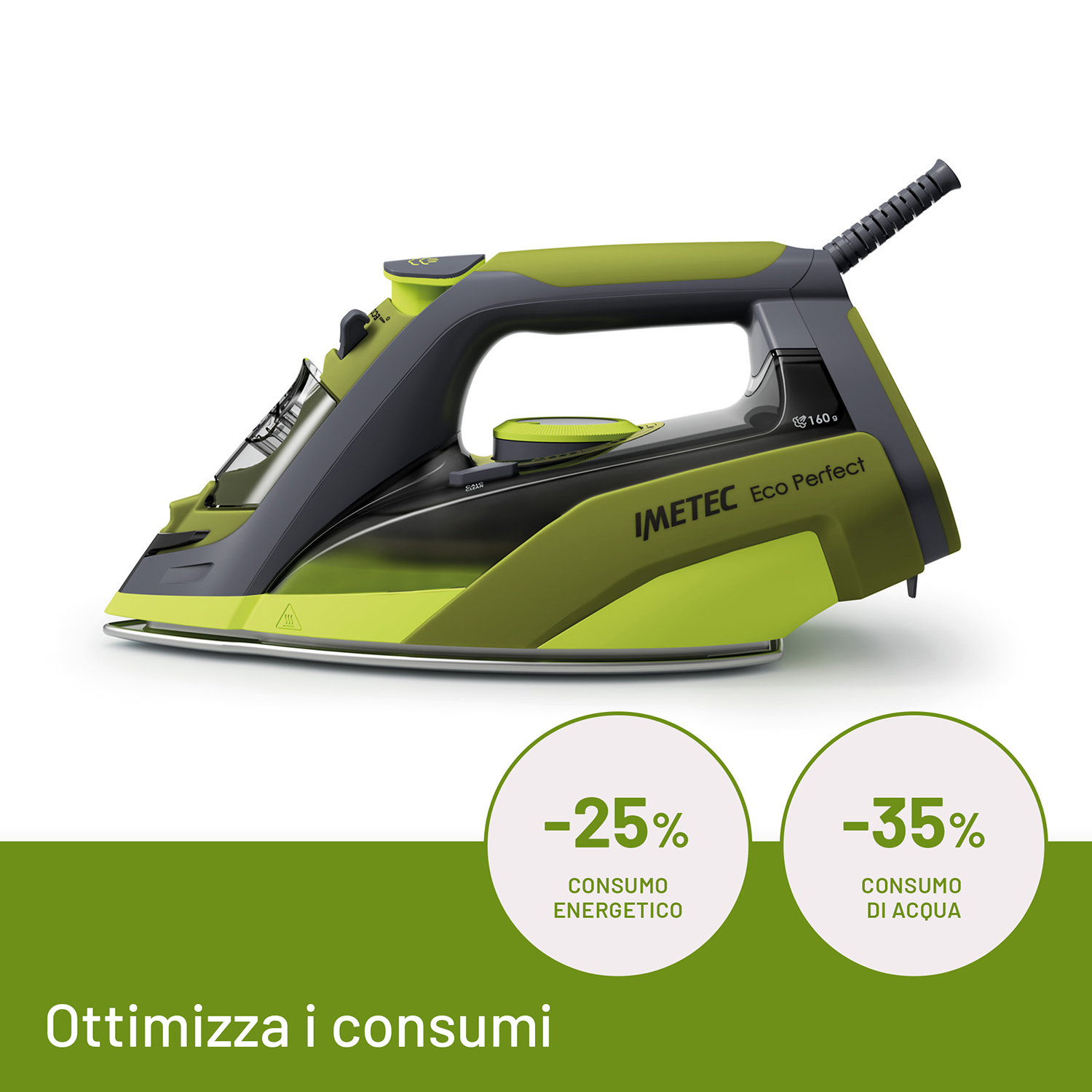 Ferro da stiro verde e grigio con etichette di risparmio energetico/idrico.