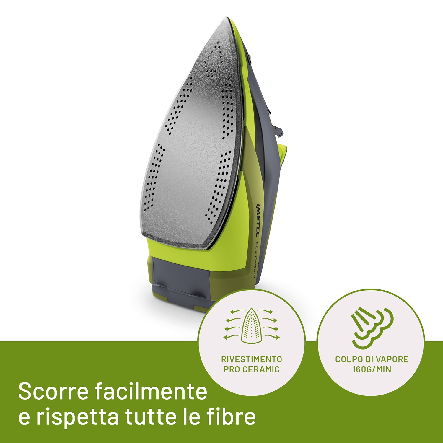 Ferro da stiro verde e grigio con icone di prestazioni. Il ferro ha un rivestimento in ceramica.