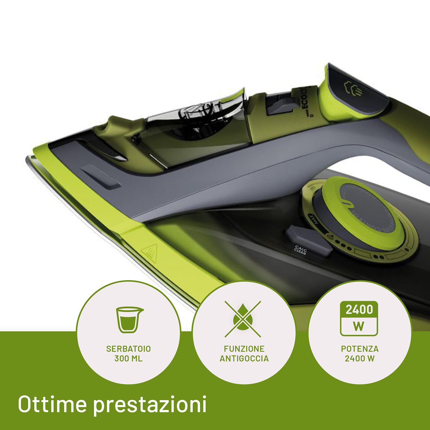 Macchina per stirare con dettagli verdi e tre icone, con testo che descrive le caratteristiche.