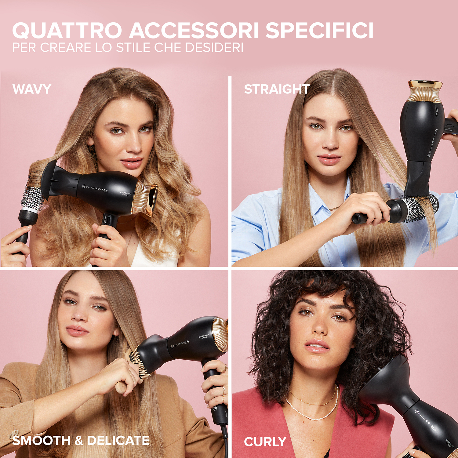 Quattro donne con diverse acconciature che usano un asciugacapelli nero con dettagli dorati.