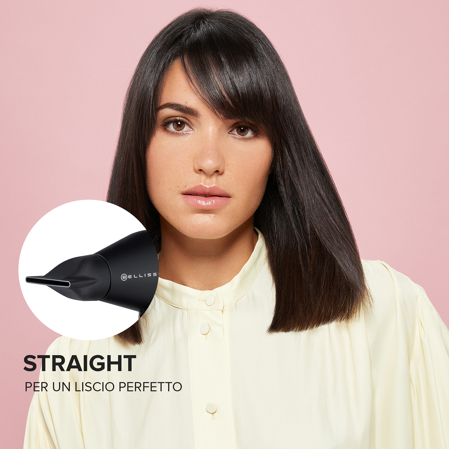 Donna con capelli lisci, strumento per lo styling nero in un cerchio su sfondo rosa.