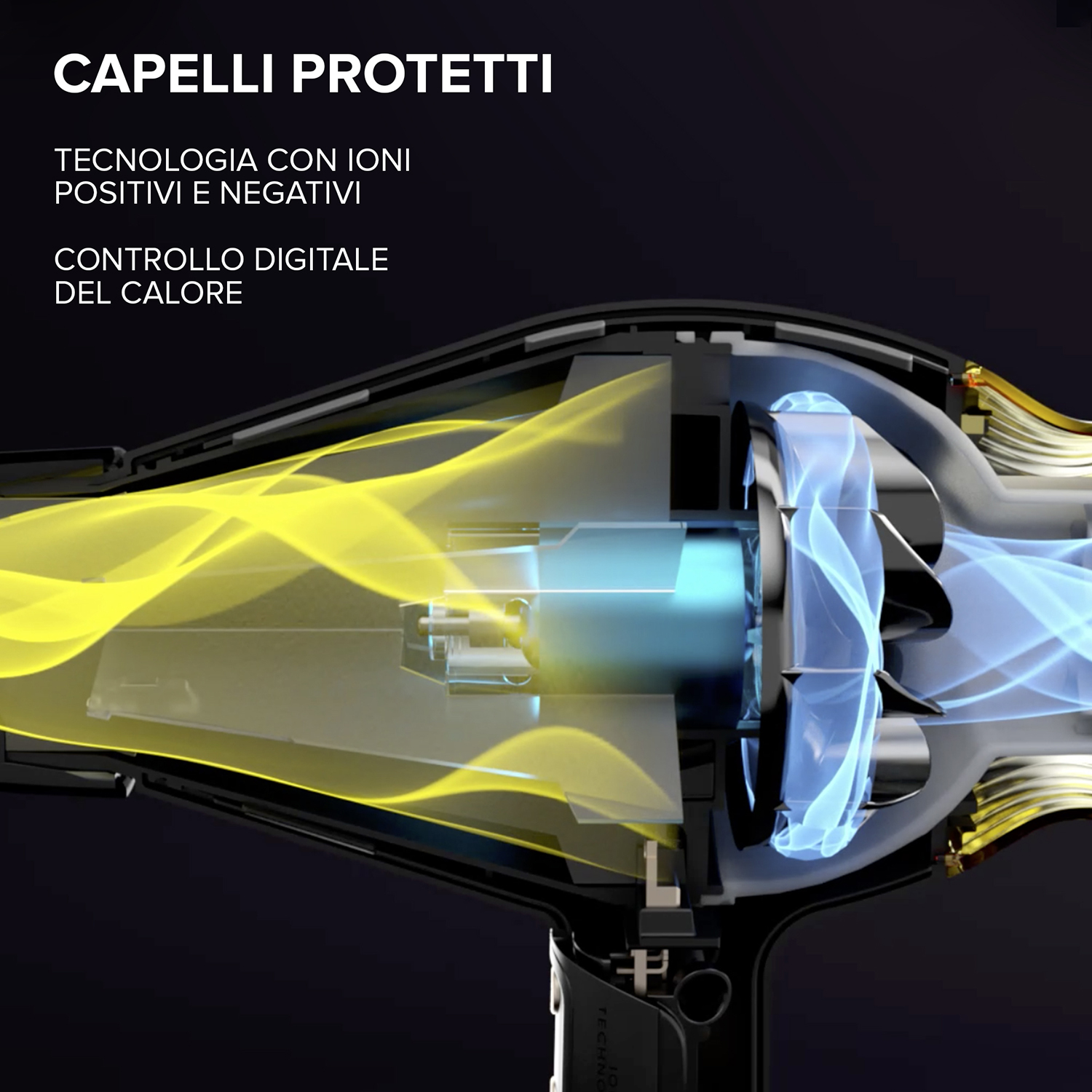 Asciugacapelli con flussi d'aria blu e gialli. Dettagli tecnici visibili.