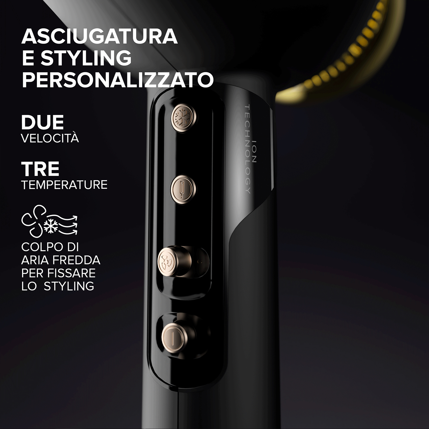 Primo piano del pannello di controllo di un asciugacapelli nero con pulsanti e testo.