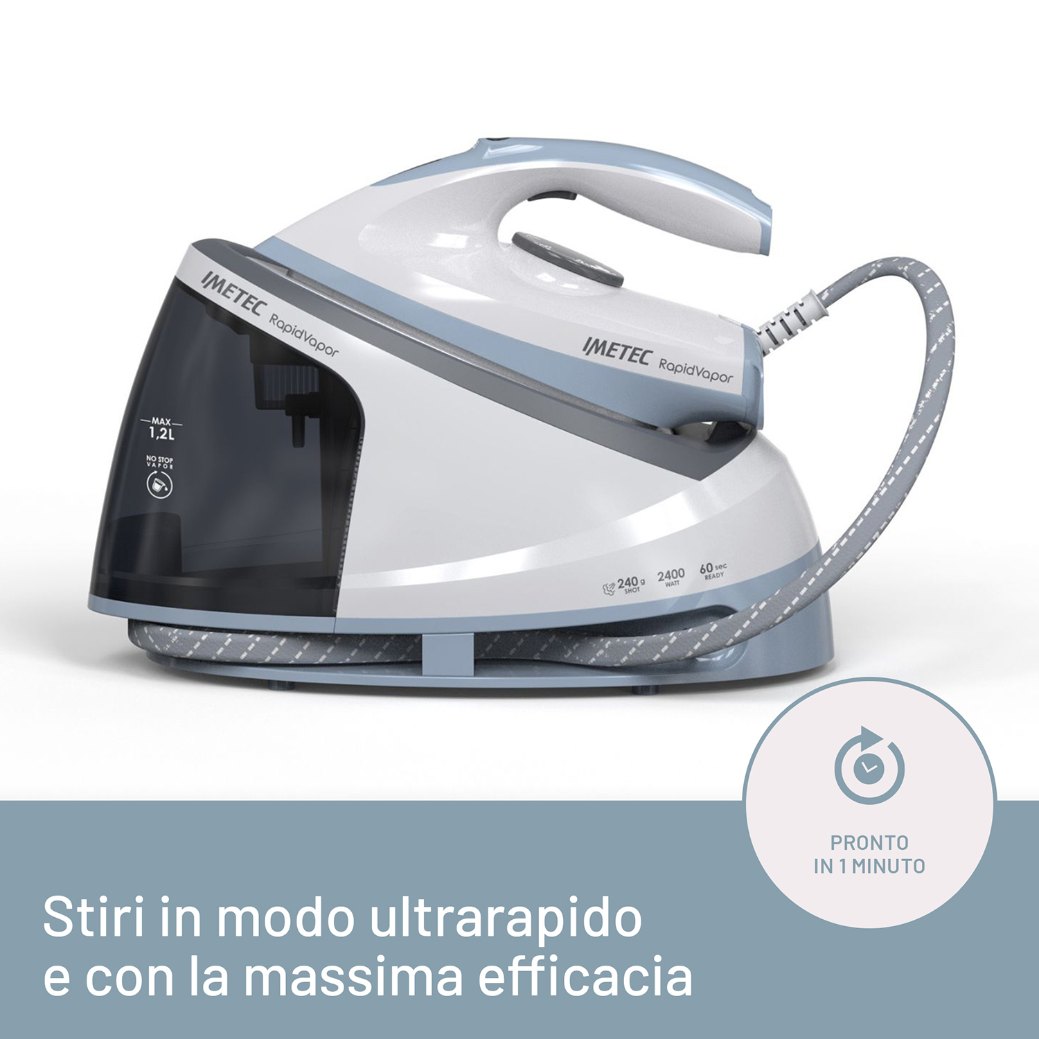 Ferro da stiro bianco e blu, cavo grigio e fumetto su superficie bianca.