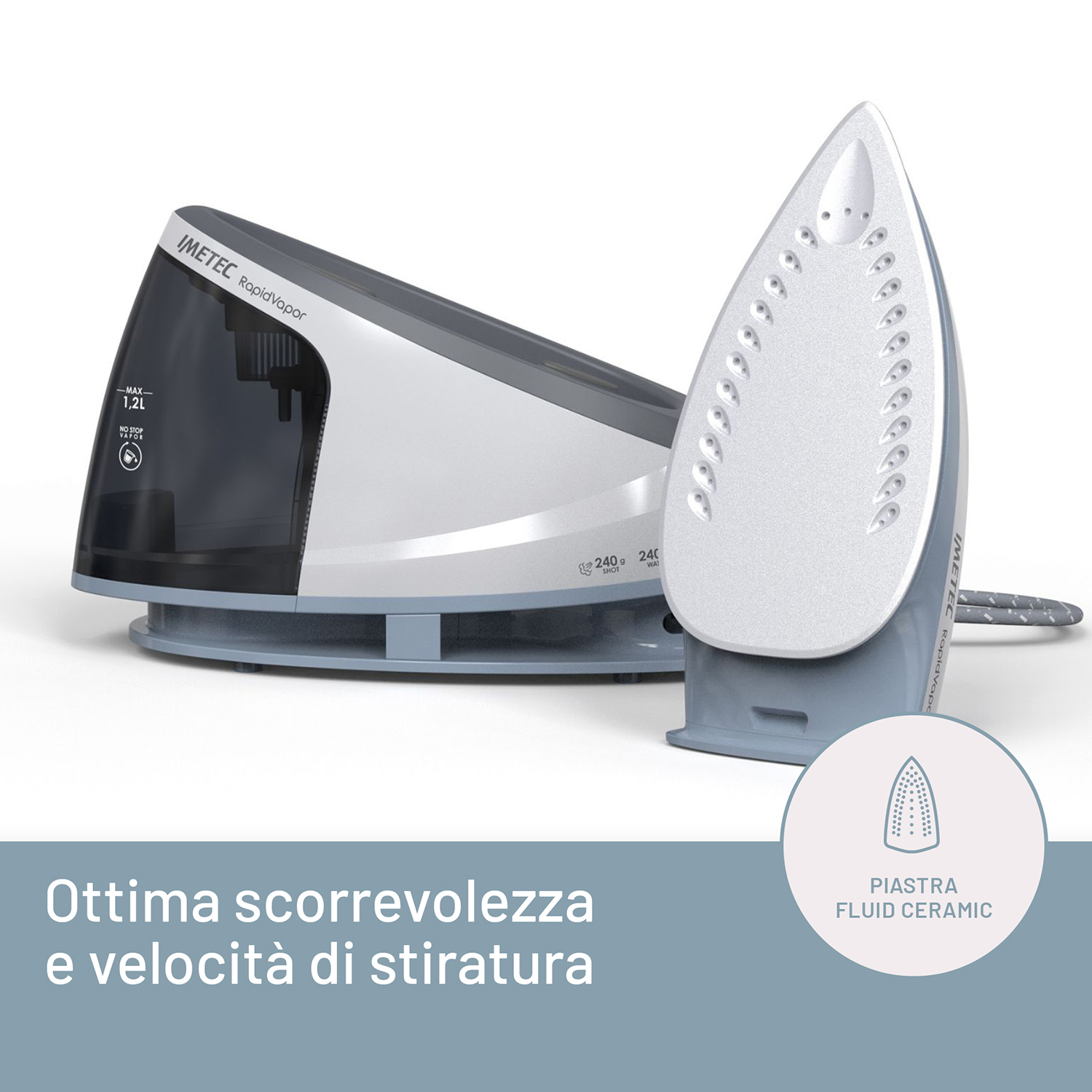Ferro da stiro Imetec Rapid Vapor con serbatoio acqua separato. Testo indica scorrevolezza e stiratura veloce.