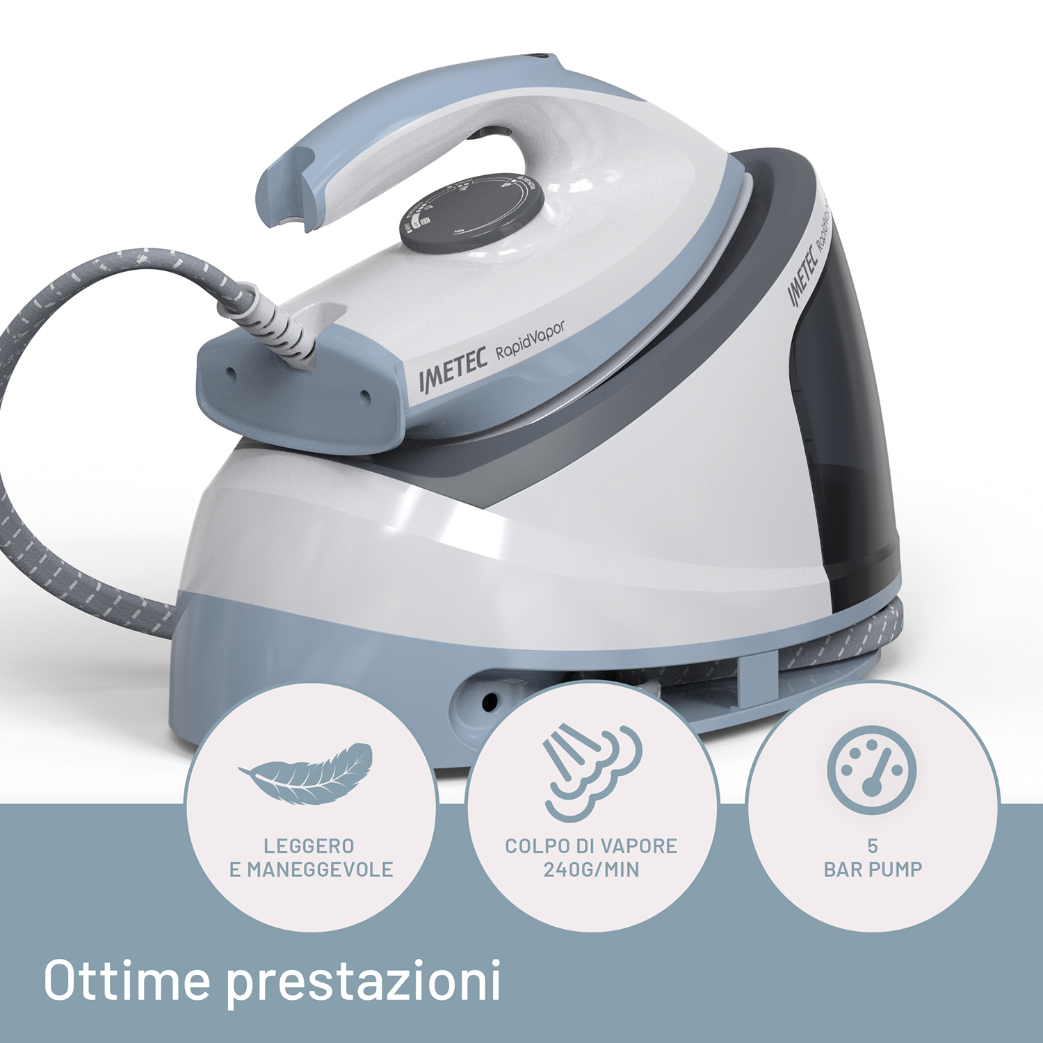 Un ferro da stiro con testo: 'IMETEC Rapidvapor' e icone: 'Light', 'Steam' e '5 BAR PUMP'.