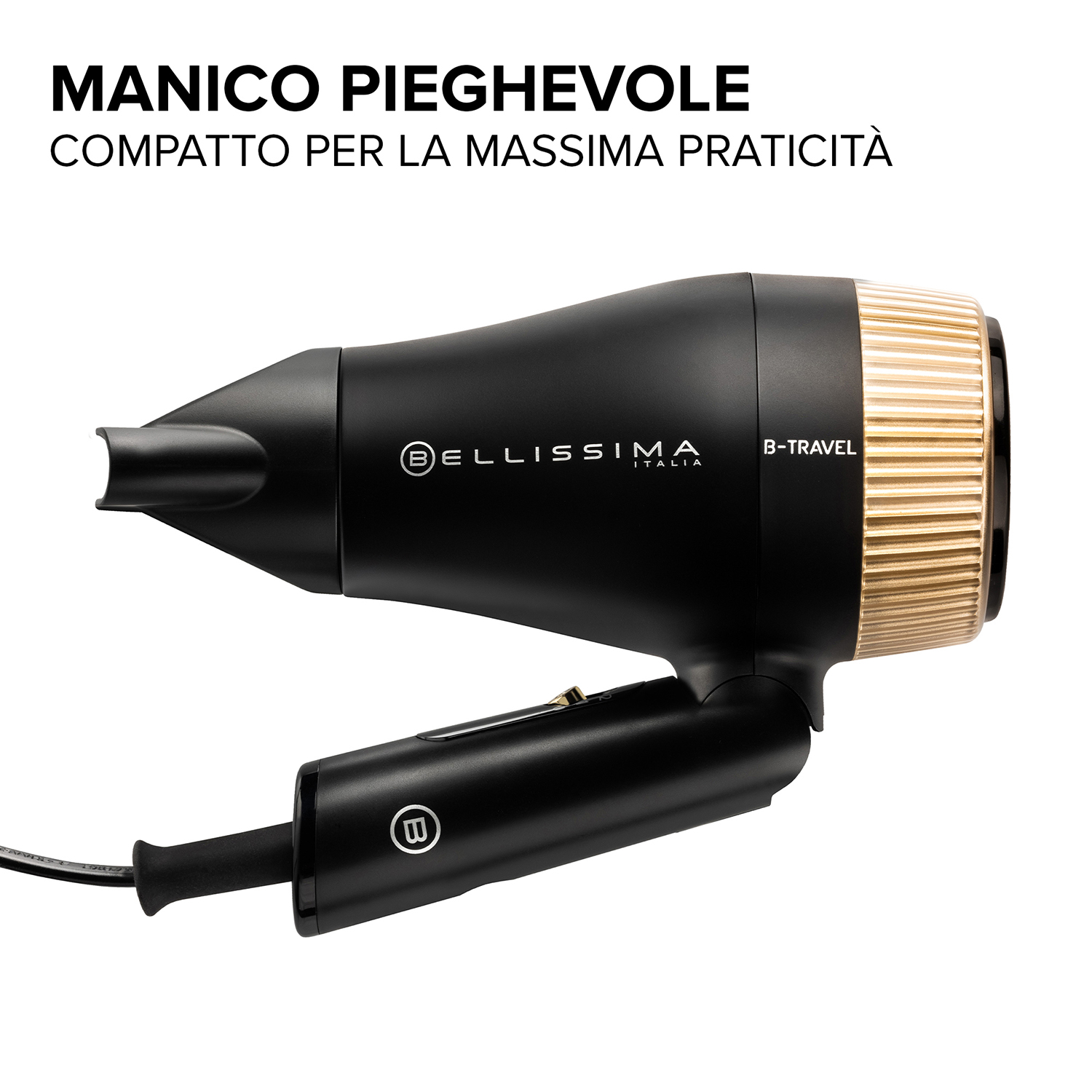 Un asciugacapelli nero e oro, vista laterale, su sfondo bianco.