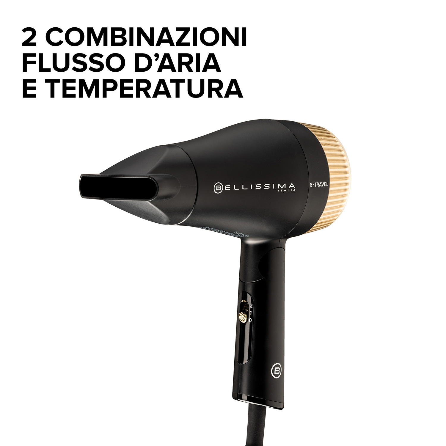 Asciugacapelli, nero e oro, con testo.