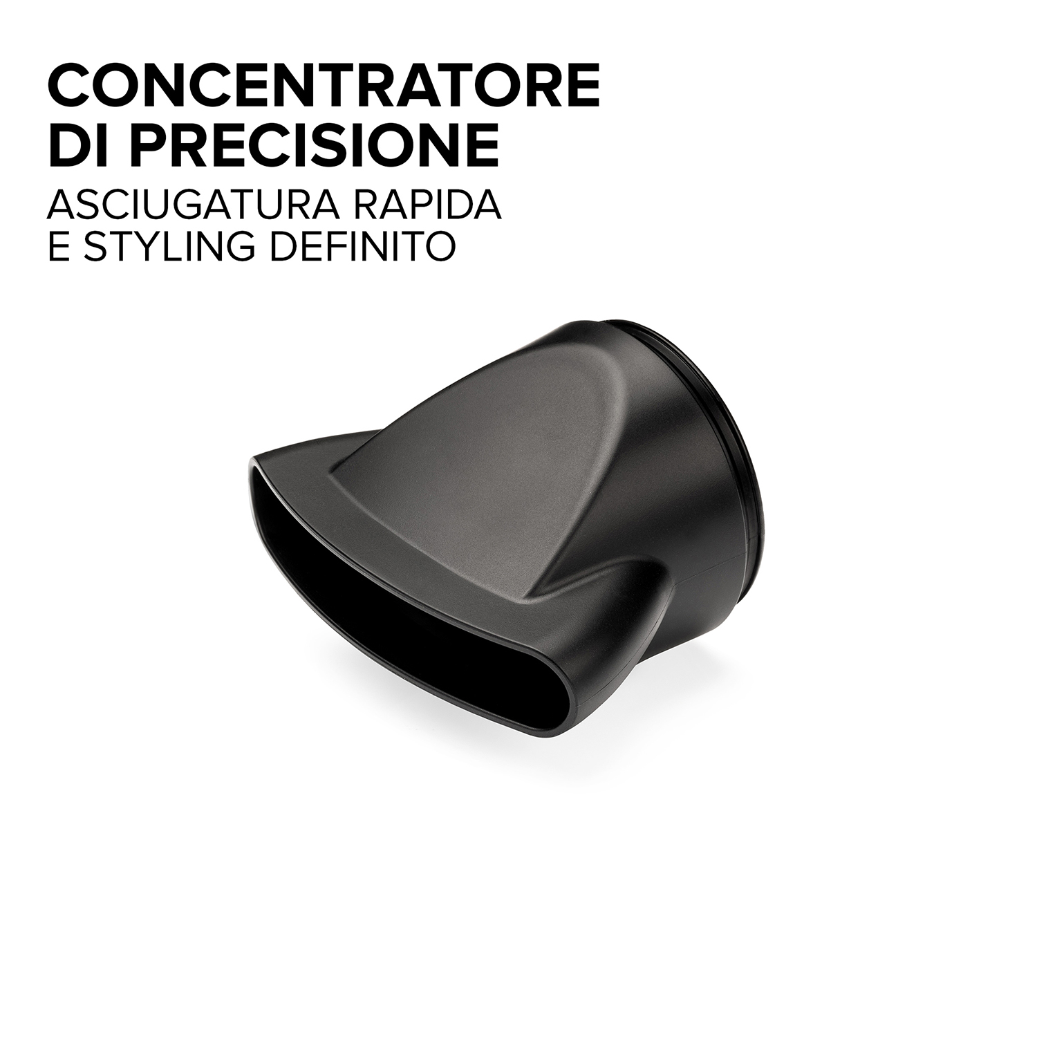 Ugello nero per asciugacapelli con testo che indica asciugatura e styling di precisione.