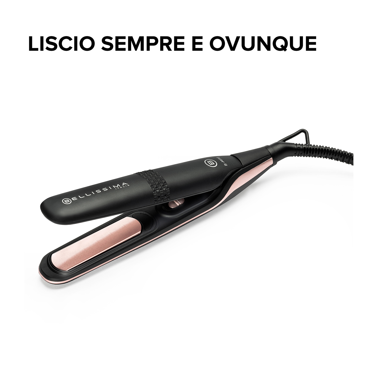 Piastra per capelli nera e oro rosa su sfondo bianco con testo sopra.