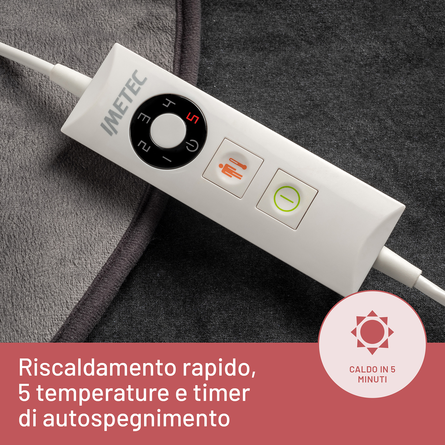 Pannello di controllo bianco su coperta grigio scuro. Icone luce rossa e verde presenti.