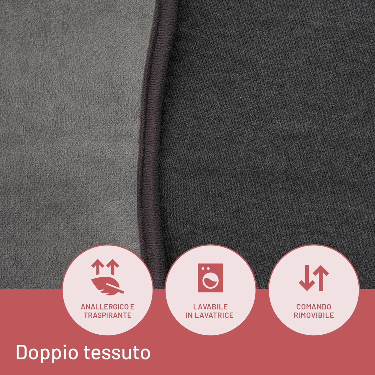 Primo piano di tessuto grigio e nero con tre icone: traspirante, lavabile e rimovibile.