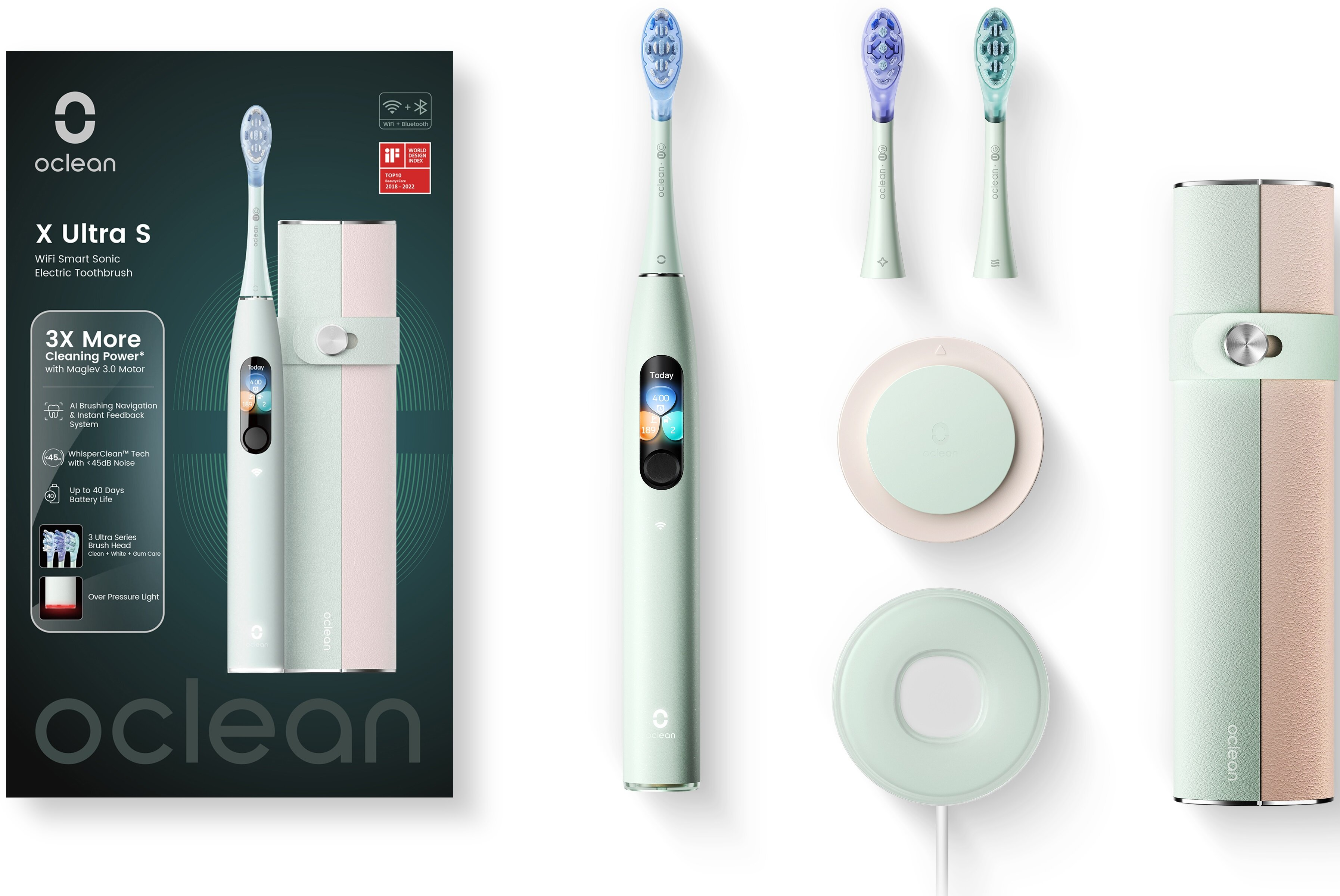 Biało-zielony zestaw szczoteczki elektrycznej. Zawiera szczoteczkę, etui, ładowarkę i końcówki.