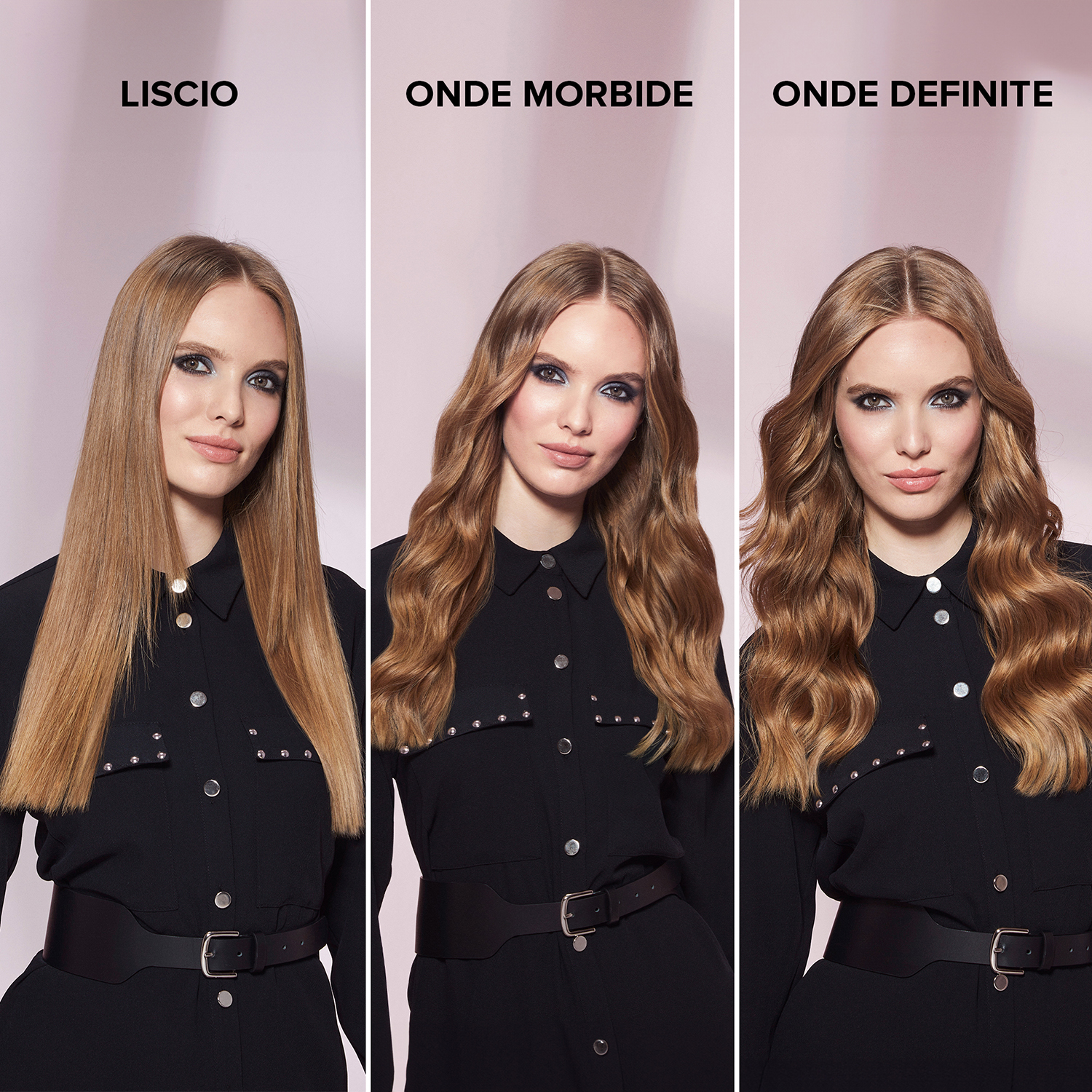 Tre donne con acconciature diverse. Liscio (liscio), Onde Morbide (ondulate) e Onde Definite (ricci).