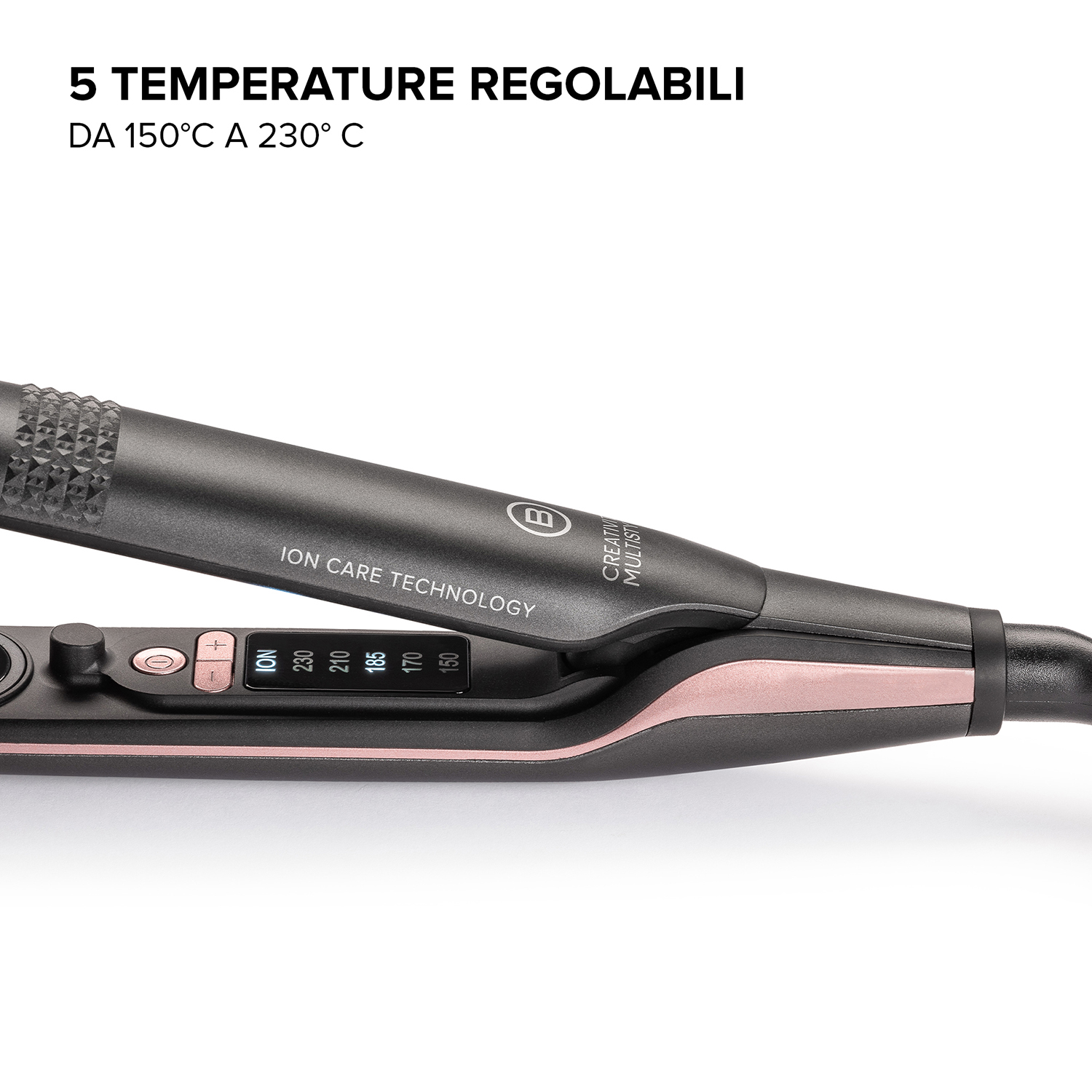 Piastra per capelli, nera e oro rosa, con impostazioni di temperatura e marchio.