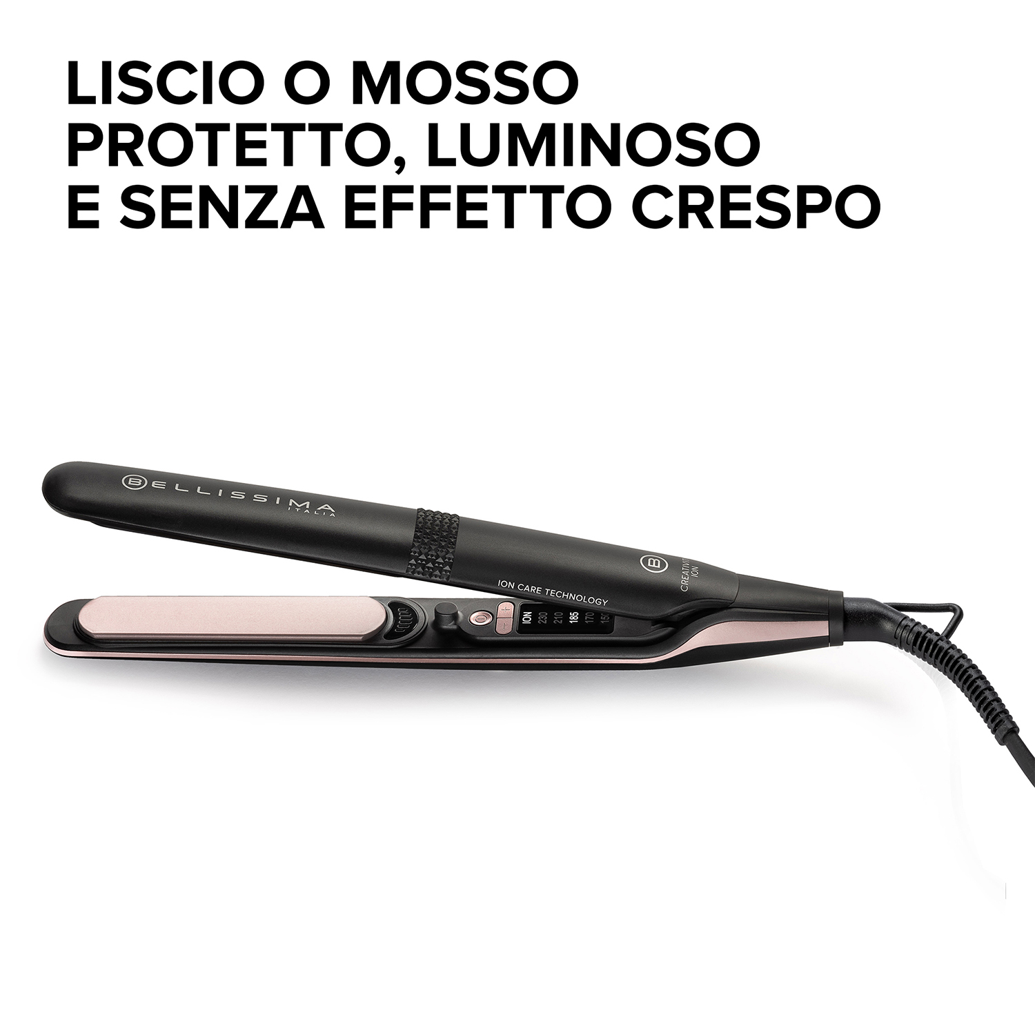 Una piastra per capelli nera e oro rosa su una superficie bianca, con testo sopra.
