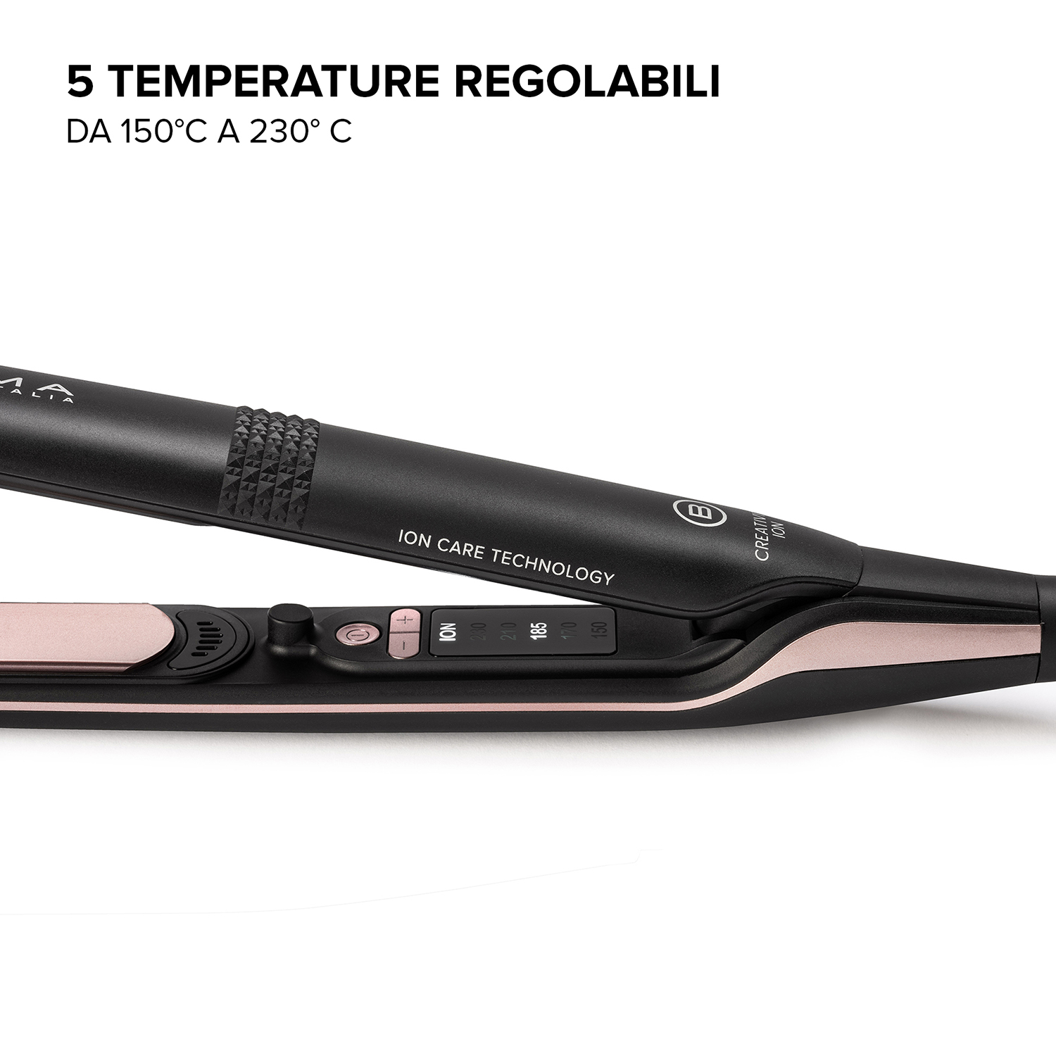 Primo piano di una piastra per capelli nera e rosa con impostazioni di temperatura.