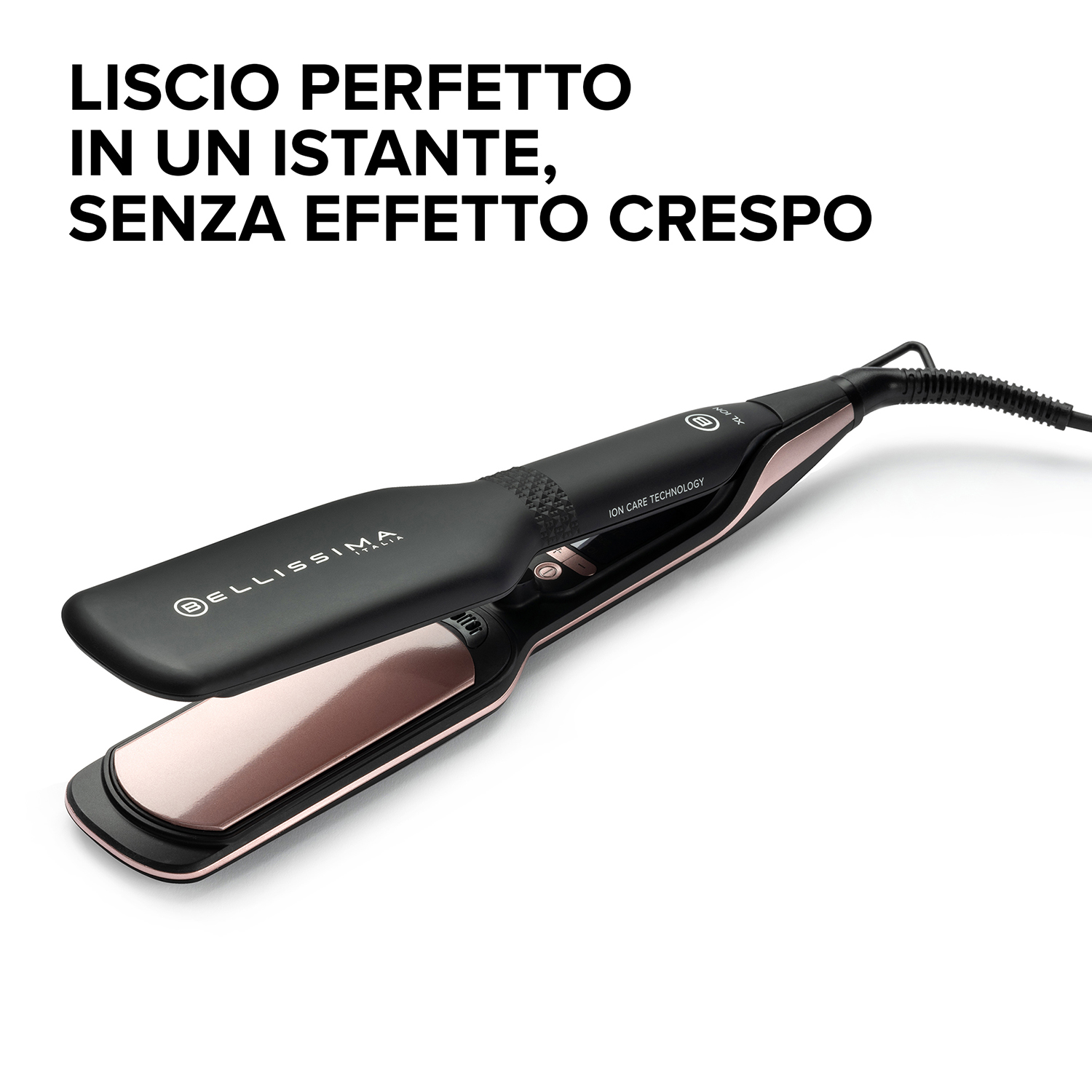 Piastra per capelli nera e oro rosa su sfondo bianco con testo italiano.