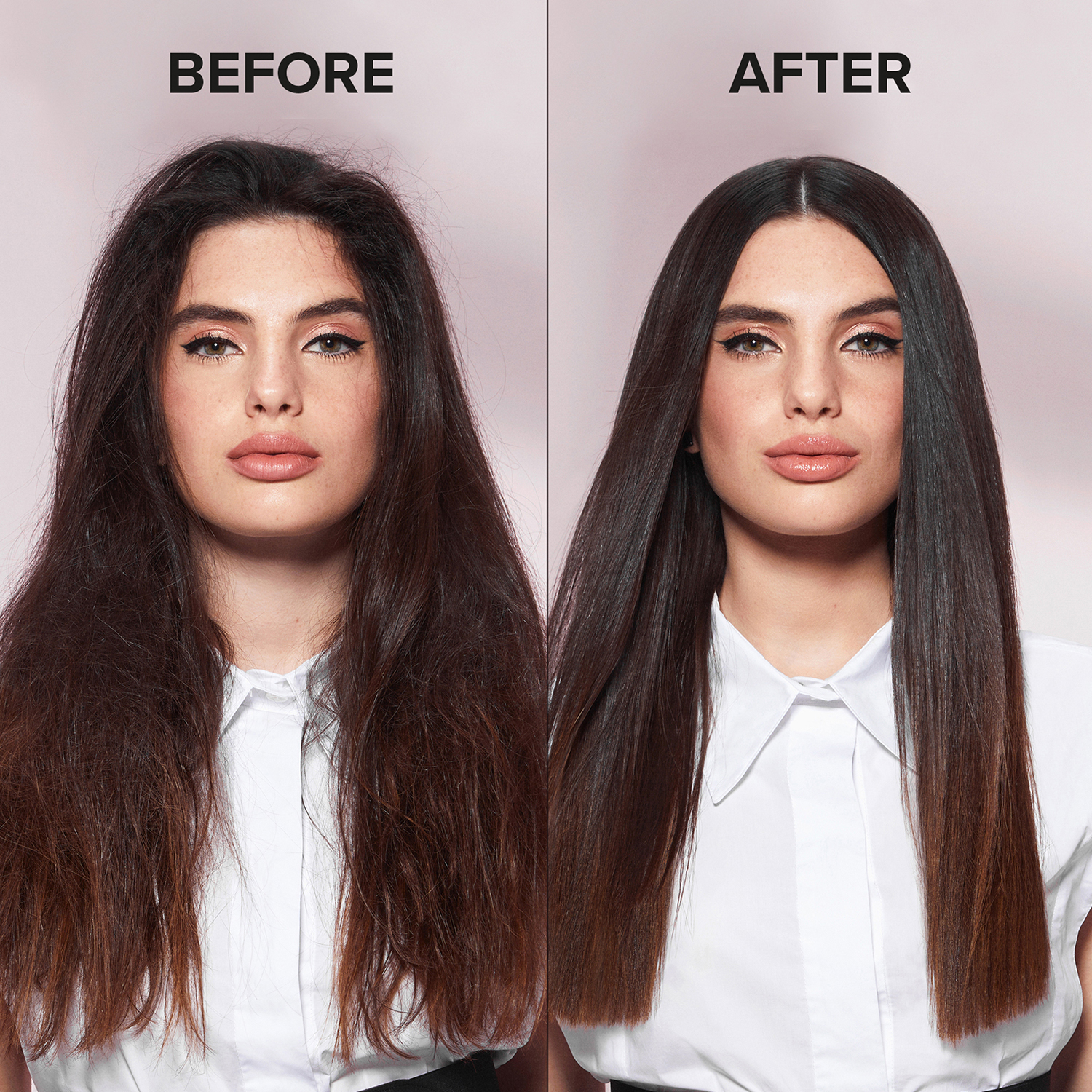 Due donne. Prima: capelli scuri crespi. Dopo: capelli scuri lisci. Entrambe indossano camicie bianche.
