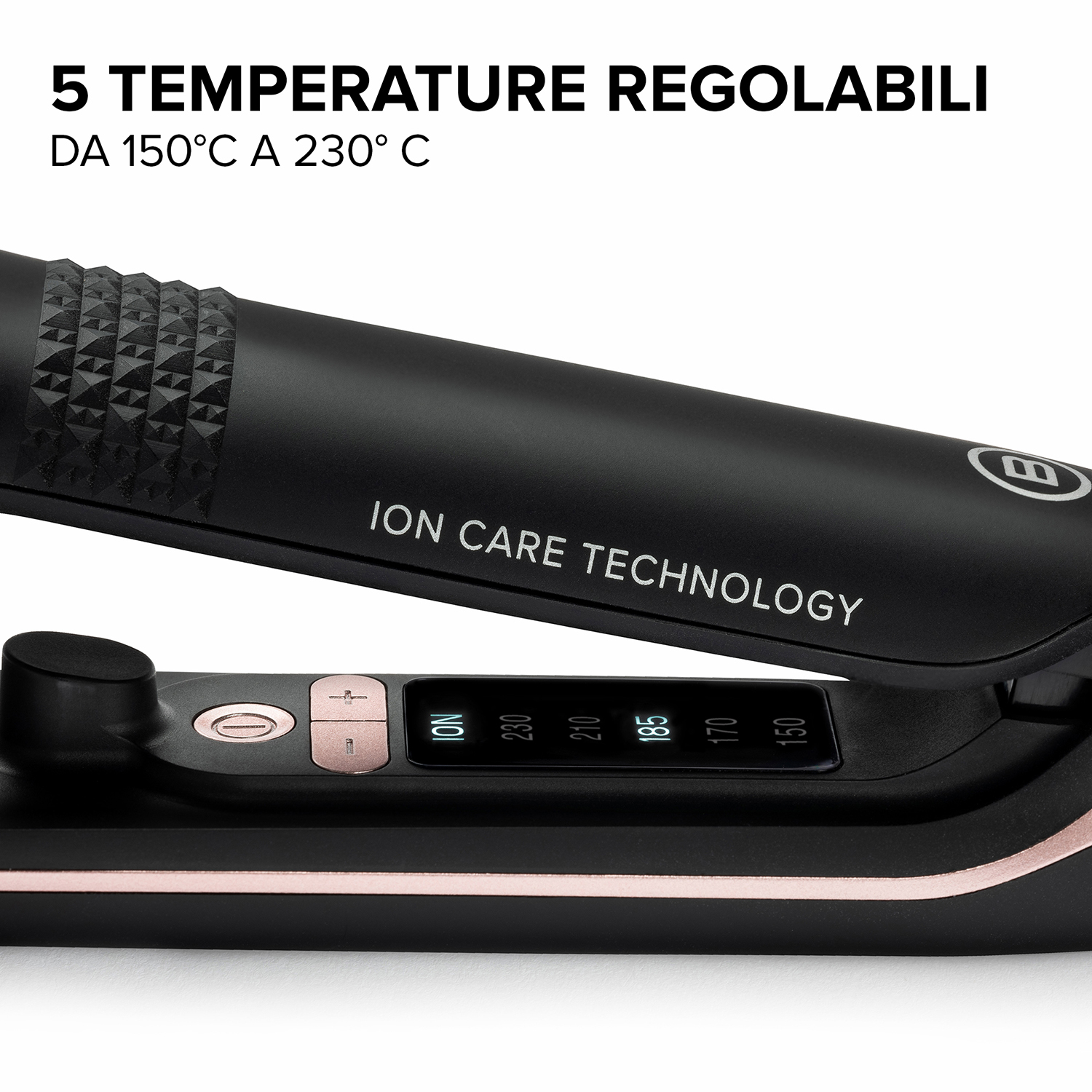 Piastra per capelli, primo piano. Design nero e rosa con impostazioni di temperatura da 150°C a 230°C.