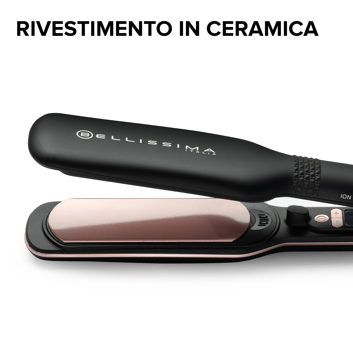Piastra per capelli nera e oro rosa, aperta, con testo sopra su sfondo bianco.