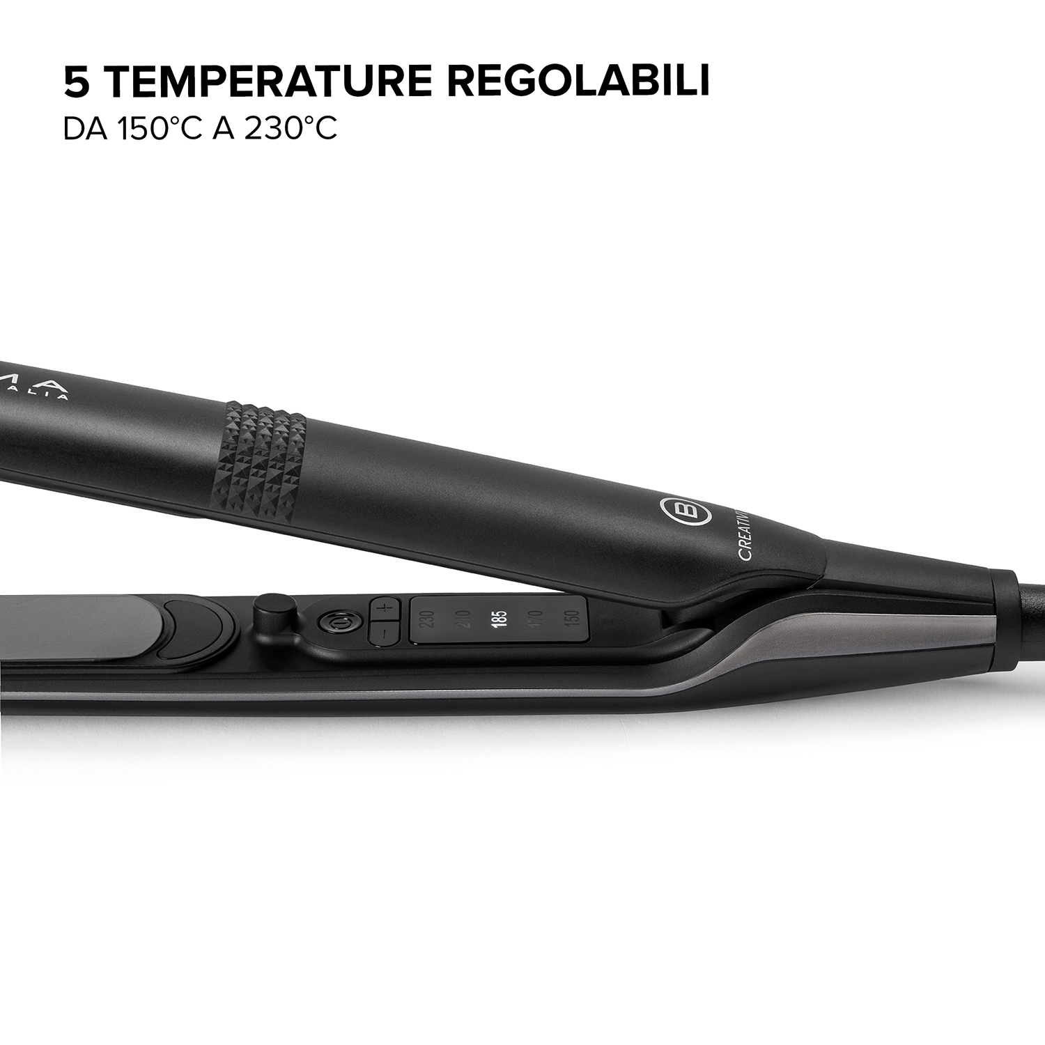 Piastra per capelli nera con controlli di temperatura. La temperatura è visualizzata in Celsius.
