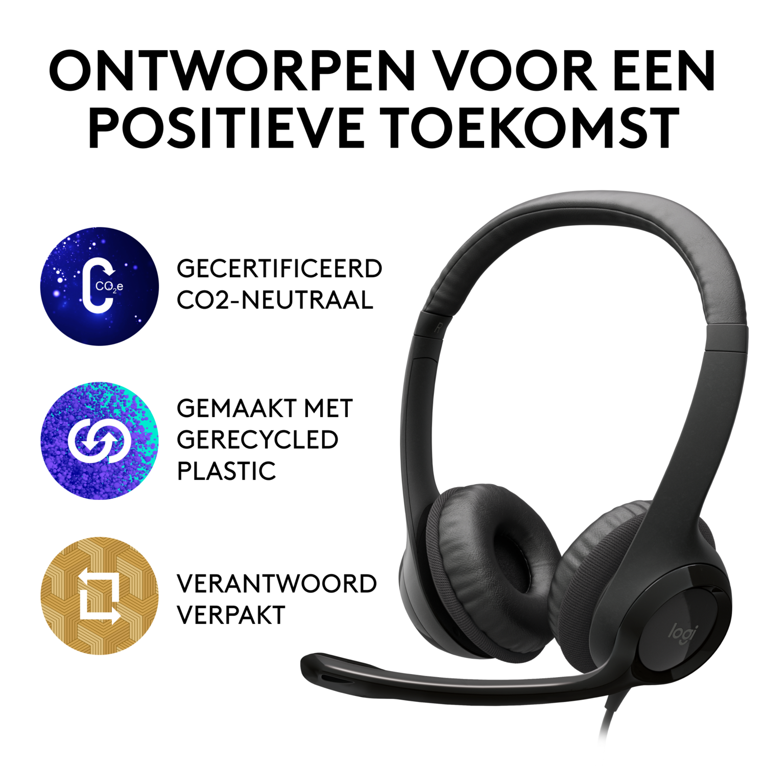A black headset with microphone, with icons and text about sustainability on the left.