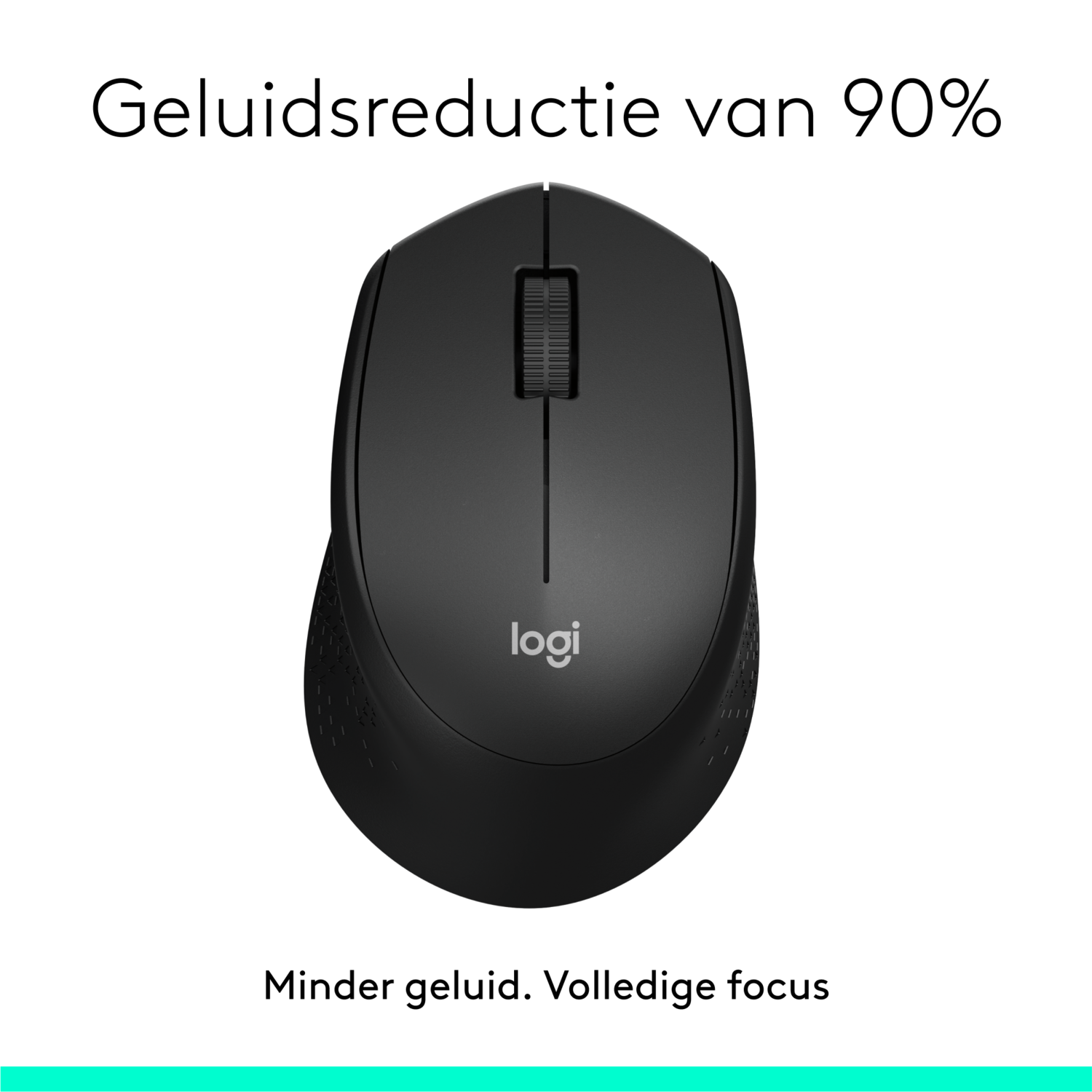 Black Logitech mouse. Text above reads: 'Noise reduction of 90%'. Below says: 'Less noise. Full focus'.