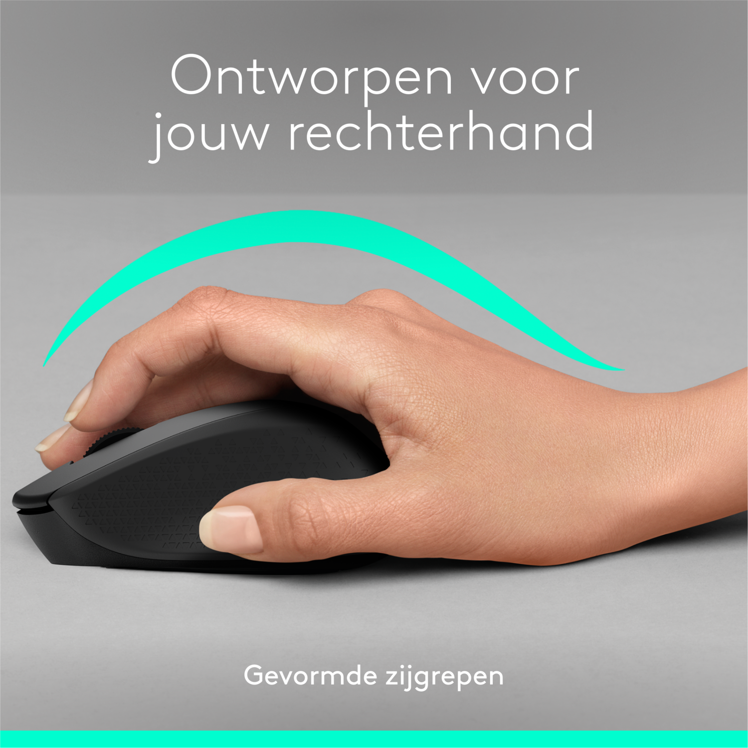 Hand on a mouse. The mouse is black and the hand is right-handed.