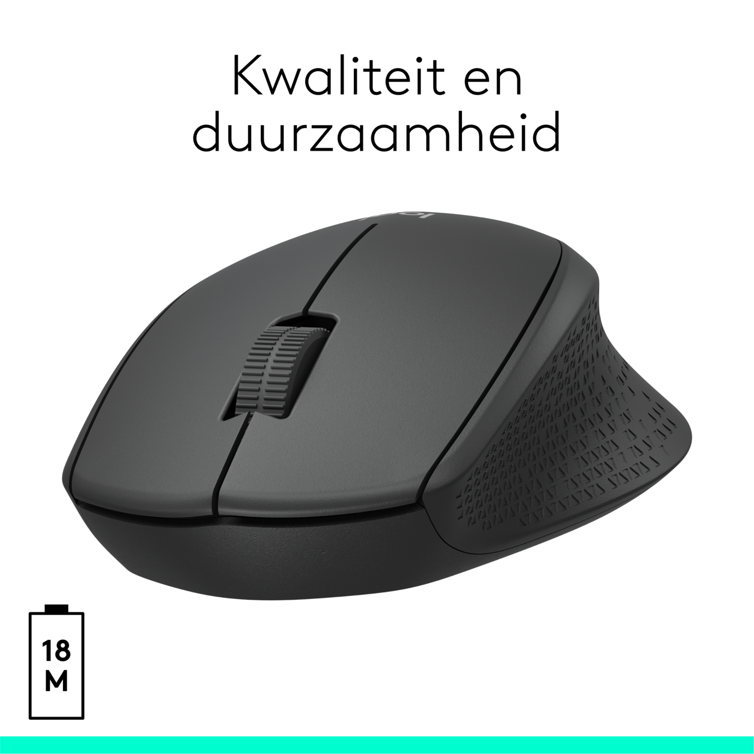 Black mouse with a scroll wheel and textured side grips. Text: Quality and Durability. Battery icon.
