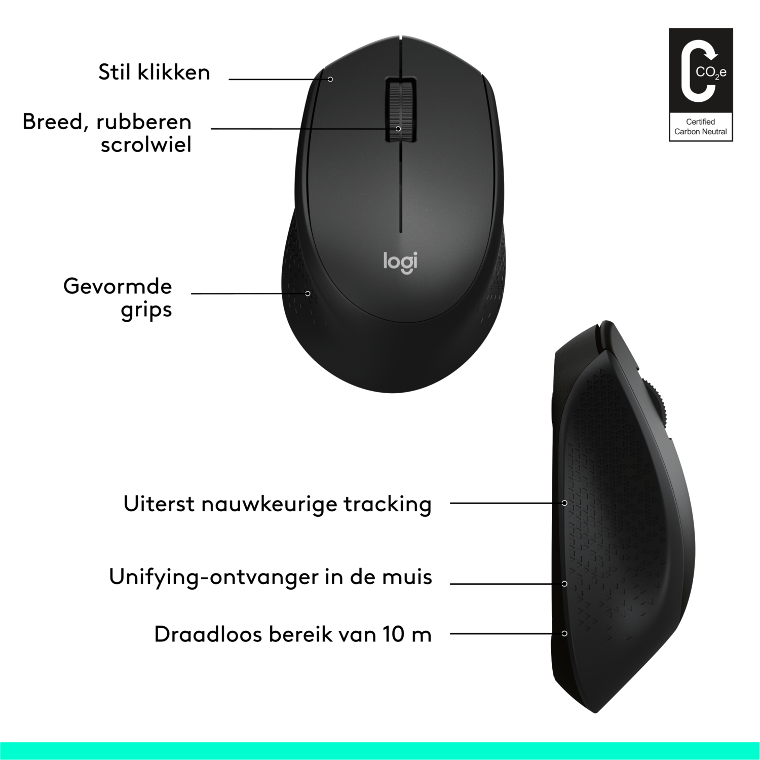 Black wireless mouse with scroll wheel and formed grips. Includes a wireless receiver. Certified Carbon Neutral.
